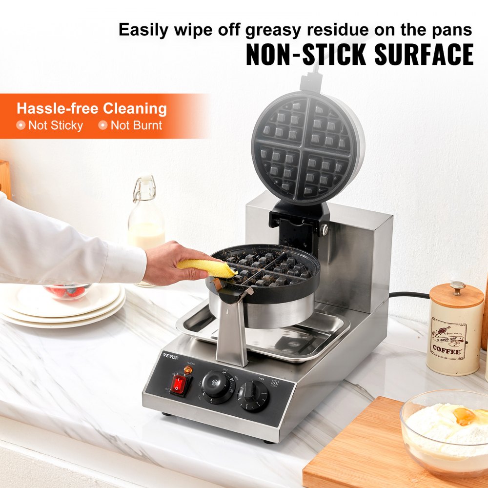 VEVOR Round Waffle Iron 1300 W, Contact Grill Belgian Waffle Iron 4 pcs. Stainless Steel Waffle Maker incl. Food Clip & Brush & Scald-Proof Handle, for Cafes, Restaurants etc.