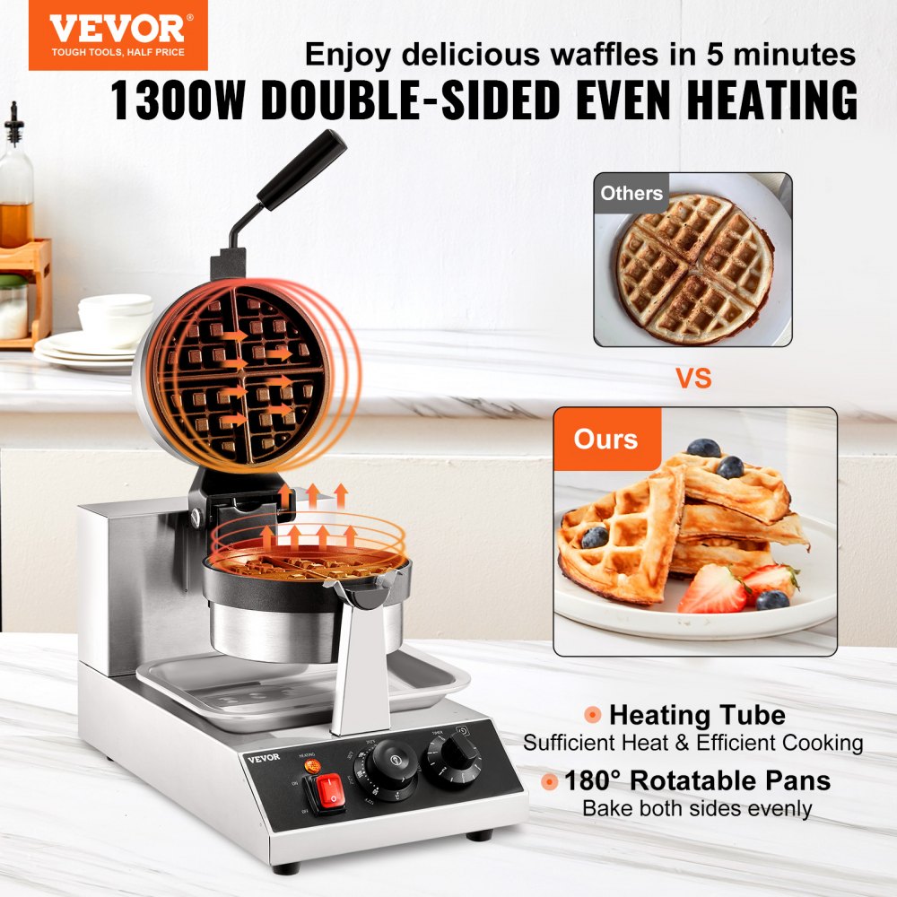 VEVOR Okrągła gofrownica 1300 W, grill kontaktowy do gofrów belgijskich, 4-częściowa, ze stali nierdzewnej, w tym klips do żywności, szczotki i uchwyt zapobiegający poparzeniom, do kawiarni, restauracji itp.