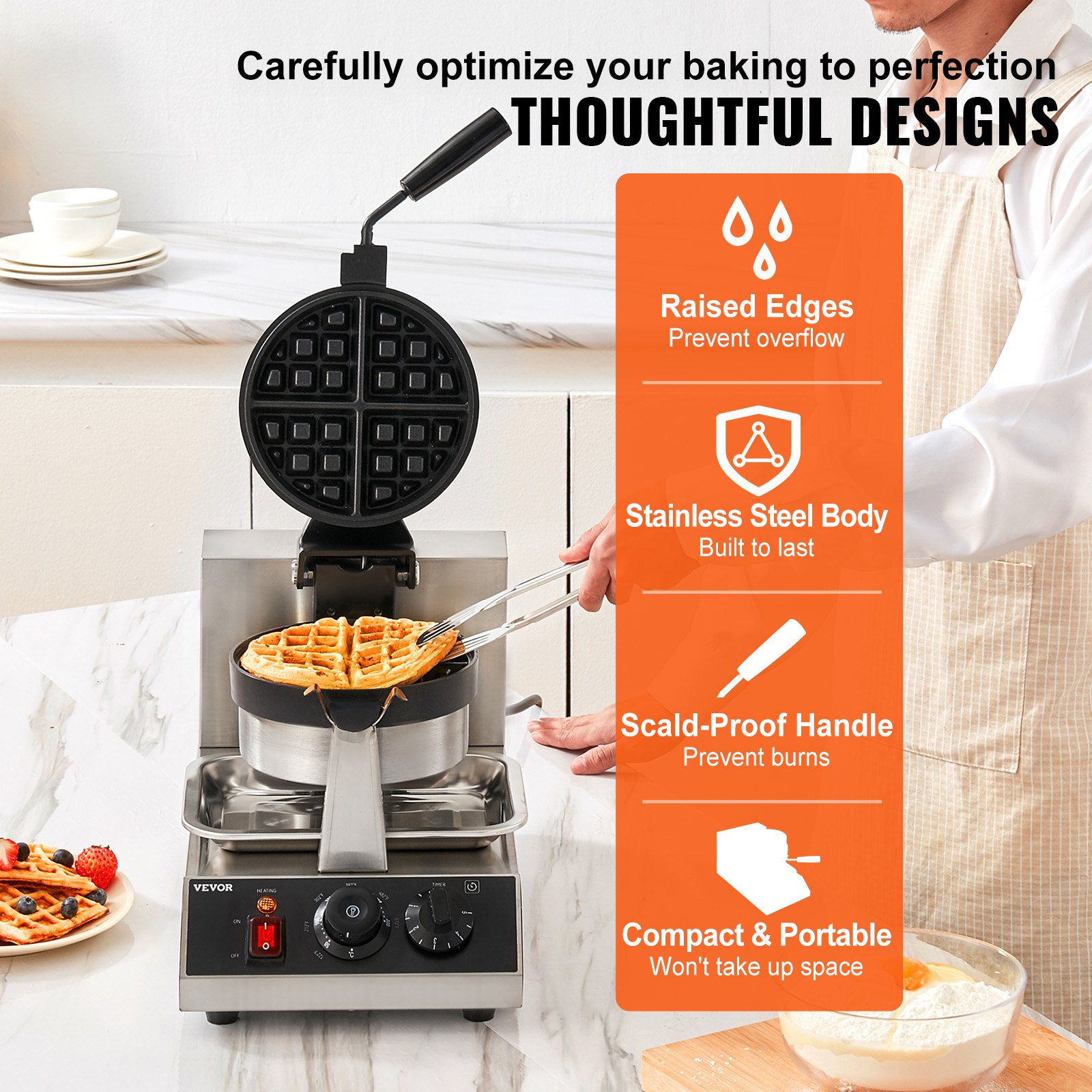 VEVOR Round Waffle Iron 1300 W, Contact Grill Belgian Waffle Iron 4 pcs. Stainless Steel Waffle Maker incl. Food Clip & Brush & Scald-Proof Handle, for Cafes, Restaurants etc.