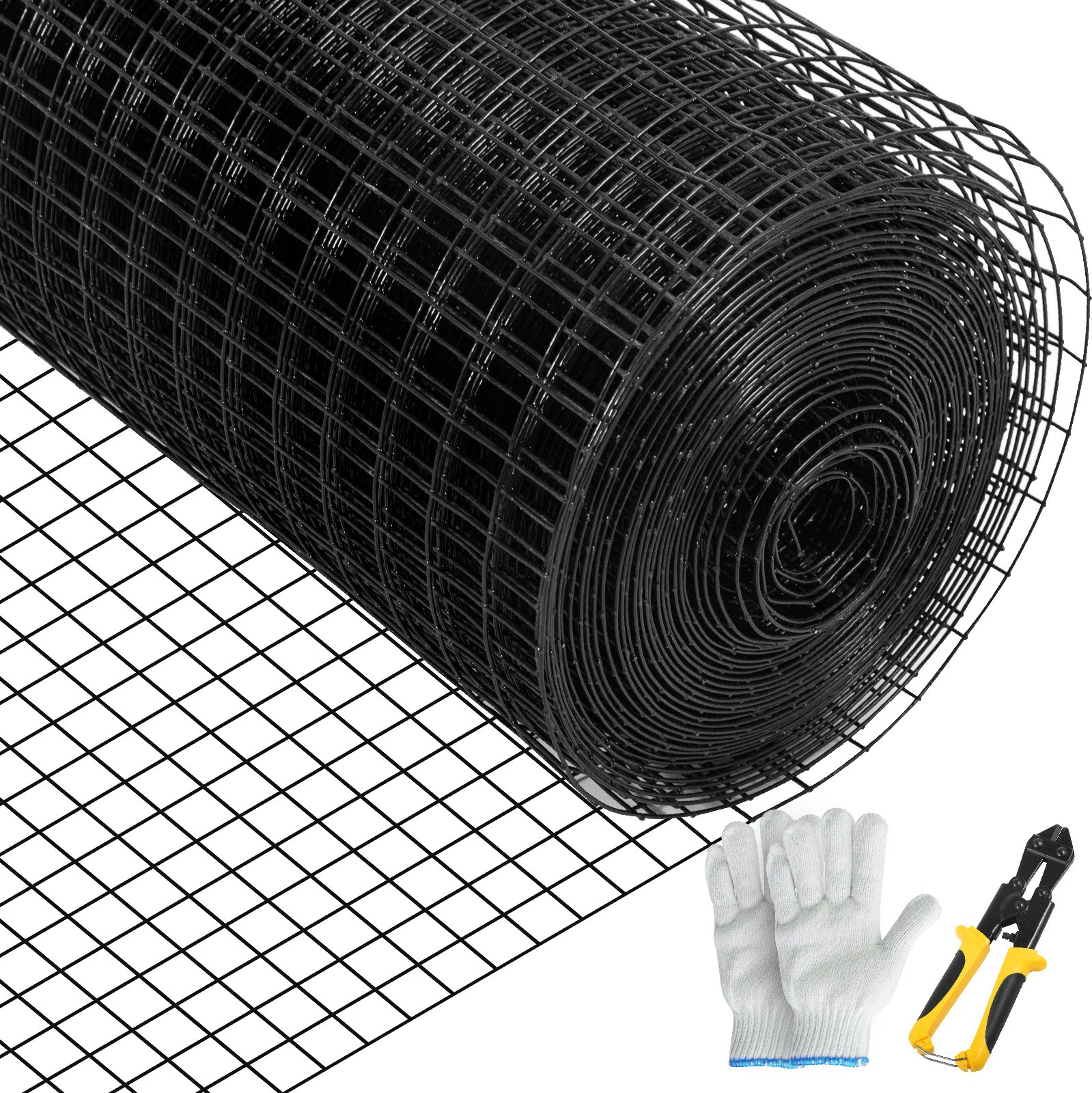Siatka do woliery VEVOR 91 x 1524 cm, ocynkowana, powlekana winylem, grubość 16, z szczypcami tnącymi i parą rękawic materiałowych, do ogrodzeń ogrodowych i wybiegów dla zwierząt, kolor czarny