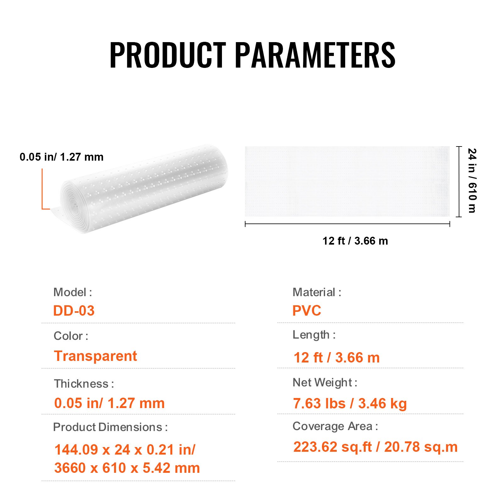 Mata ochronna na dywan dla zwierząt VEVOR, 61 x 3,6 m, odporna na zarysowania mata z tworzywa PVC do futryny drzwi, antypoślizgowa mata chroniąca przed zadrapaniami kotów, łatwa do przycięcia plastikowa mata chroniąca przed zarysowaniami dywanu
