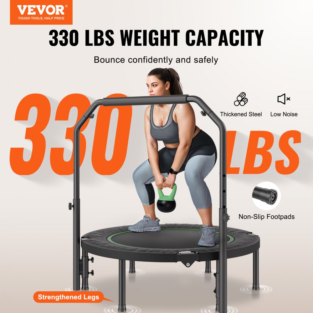 VEVOR Składana mini trampolina fitness Rebounder 1027 mm, udźwig 150 kg Trampolina treningowa, trampolina sportowa Rebounder Trampolina ogrodowa z 4-stopniową regulacją wysokości uchwytu i 32 sprężynami
