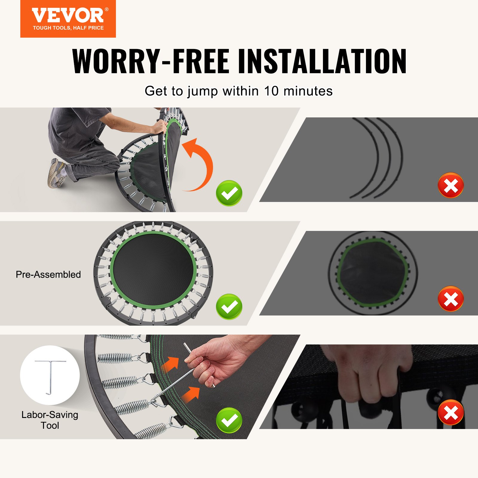 VEVOR Składana mini trampolina fitness Rebounder 1027 mm, udźwig 150 kg Trampolina treningowa, trampolina sportowa Rebounder Trampolina ogrodowa z 4-stopniową regulacją wysokości uchwytu i 32 sprężynami