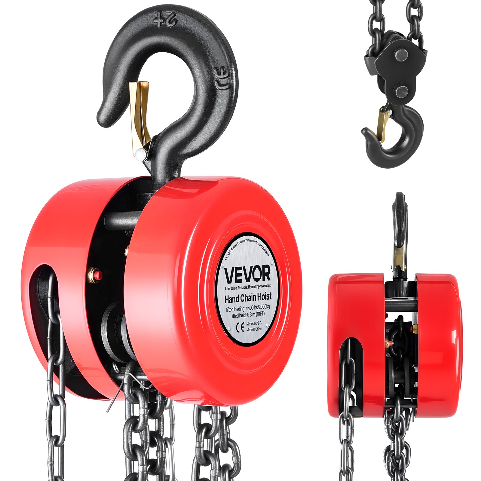 VEVOR Hand Chain Hoist, 2 Ton Capacity, Manual Chain Block with Upgrade G70 Galvanized Chain, 3 m Lifting Height, Heavy Duty Pulley Hoist for Garage Warehouse Automotive Machinery, Red