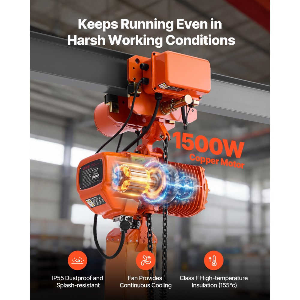 Wciągnik łańcuchowy elektryczny VEVOR 2000 kg, wysokość podnoszenia 6,1 m, trójfazowy, z radiem 100 m i przewodem 4,8 m, podwójnym łańcuchem G100, wyłącznikiem awaryjnym, wciągnik łańcuchowy elektryczny do fabryk, magazynów i garaży