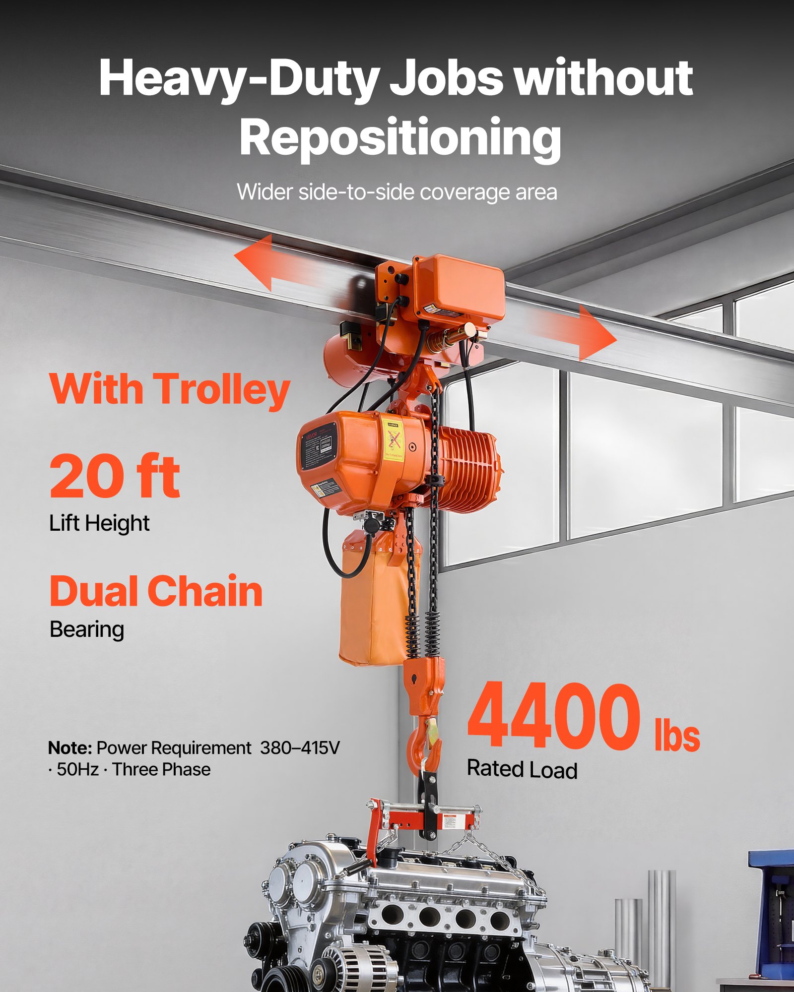 Wciągnik łańcuchowy elektryczny VEVOR 2000 kg, wysokość podnoszenia 6,1 m, trójfazowy, z radiem 100 m i przewodem 4,8 m, podwójnym łańcuchem G100, wyłącznikiem awaryjnym, wciągnik łańcuchowy elektryczny do fabryk, magazynów i garaży