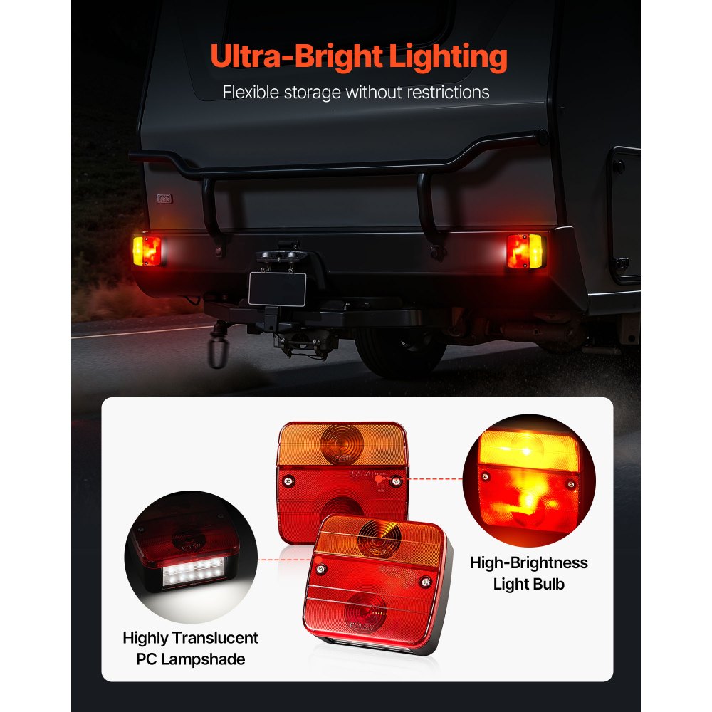VEVOR Trailer Lights, 2PCS 12V Square Trailer Tail Lights Kit with Stop Brake Turn Tail License Plate Lamp, Waterproof and Dustproof Tow Lighting Kit for Boat Truck Camper RV Snowmobile Bus Caravan