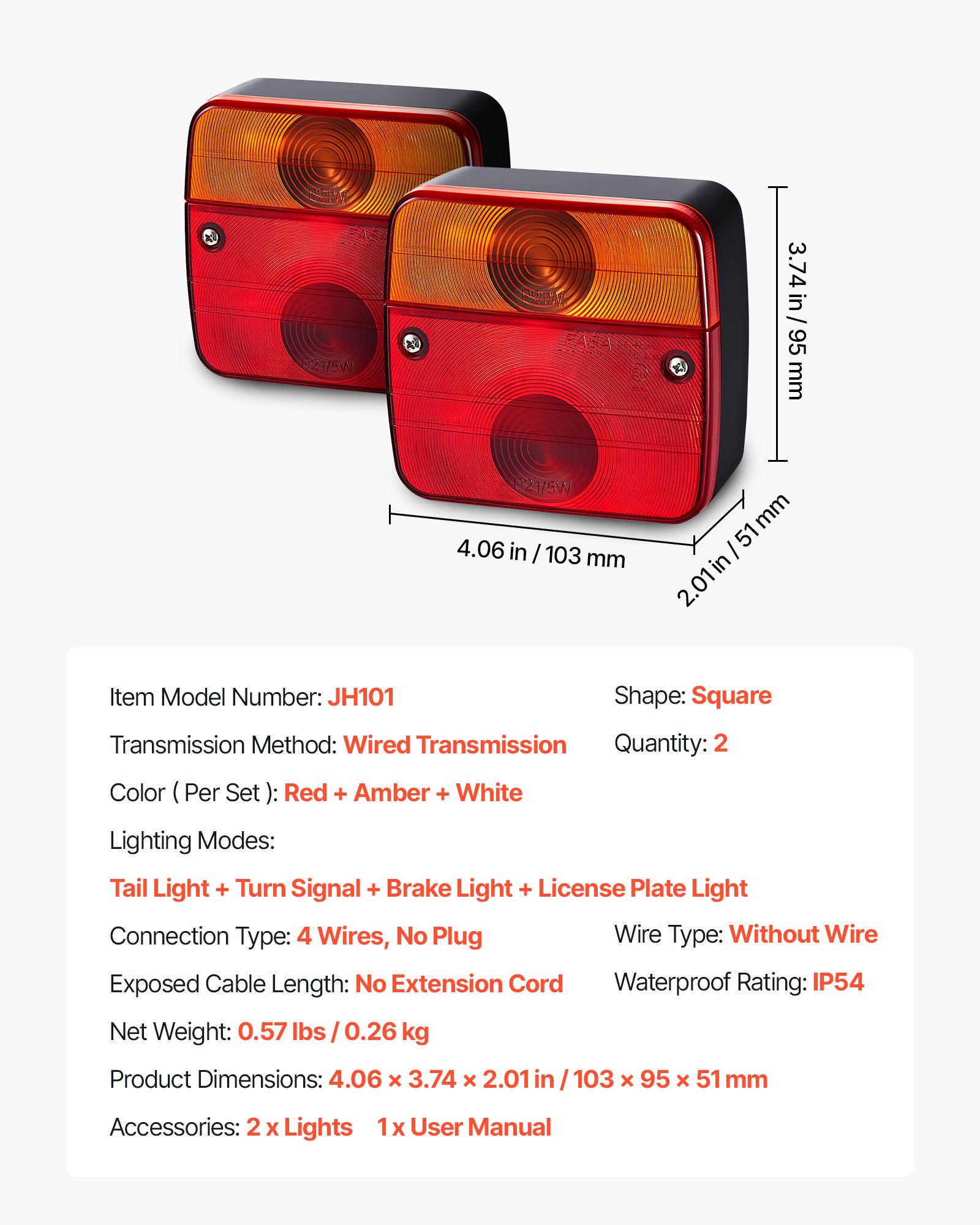 VEVOR Trailer Lights, 2PCS 12V Square Trailer Tail Lights Kit with Stop Brake Turn Tail License Plate Lamp, Waterproof and Dustproof Tow Lighting Kit for Boat Truck Camper RV Snowmobile Bus Caravan