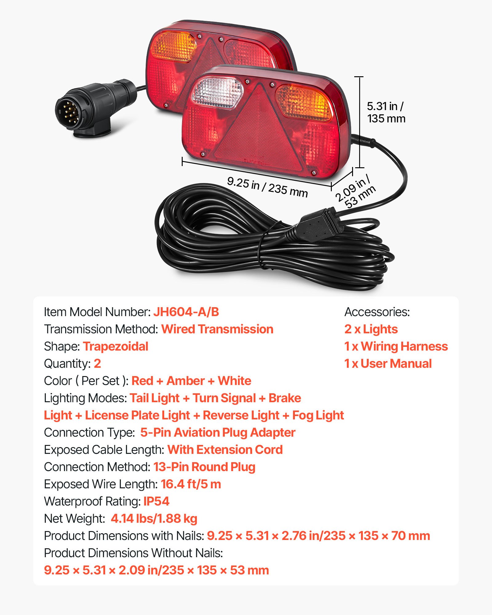 VEVOR Lampy do przyczepy, 2 szt., 6 trybów (światła stopu/kierunkowskazy/światła tylne/tablicy rejestracyjnej/światła cofania/światła przeciwmgielne), zestaw oświetlenia przyczepy z wiązką przewodów do ciężarówek