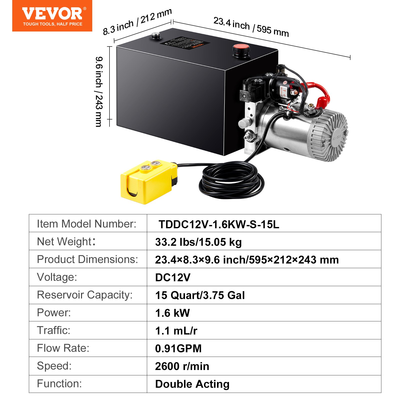 VEVOR Pompa hydrauliczna Agregat hydrauliczny 12 V Agregat hydrauliczny 1600 W, pompa hydrauliczna dwustronnego działania, agregat hydrauliczny z pompą ręczną o pojemności 3,75 galona, ​​do wind, wózków widłowych itp.