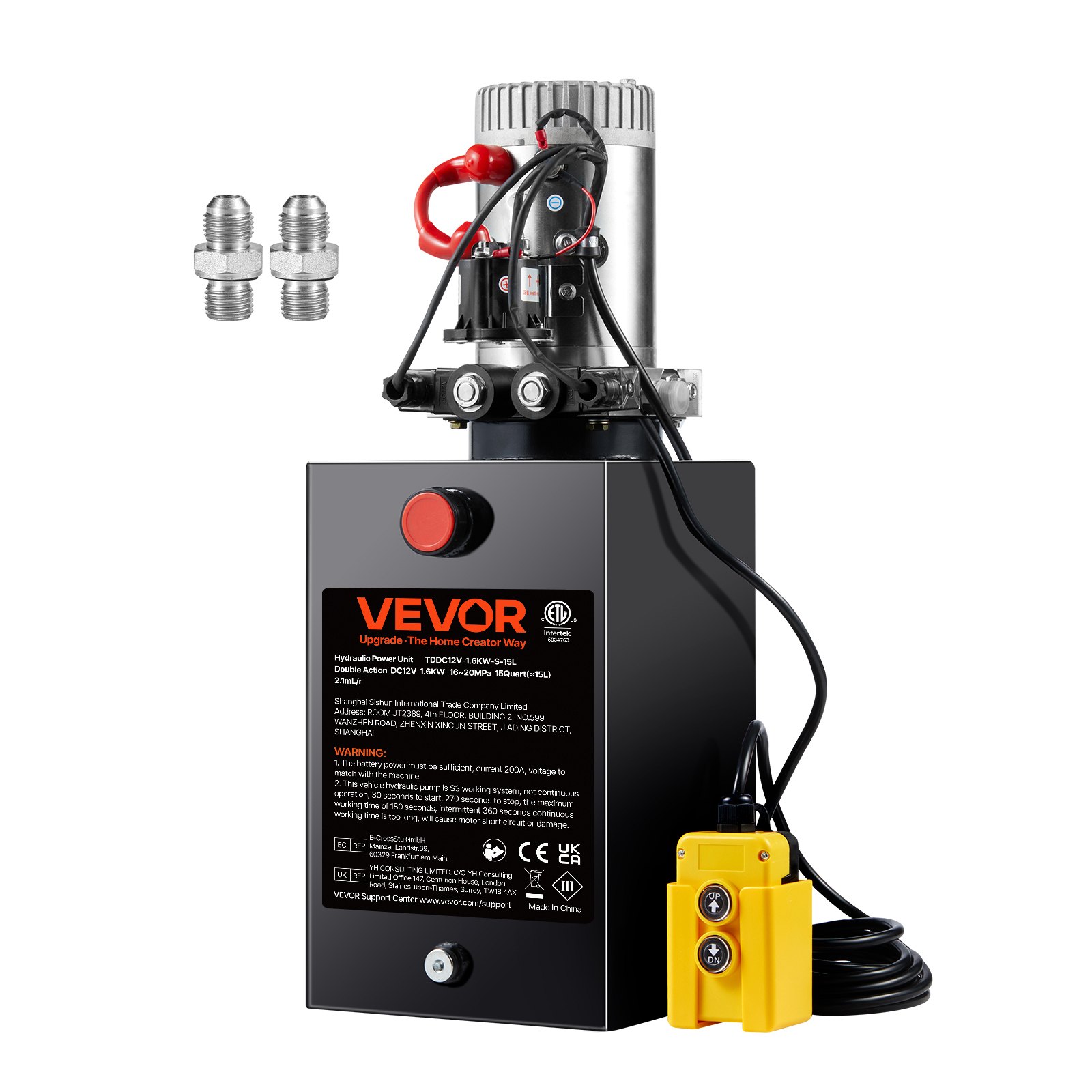 VEVOR Pompa hydrauliczna Agregat hydrauliczny 12 V Agregat hydrauliczny 1600 W, pompa hydrauliczna dwustronnego działania, agregat hydrauliczny z pompą ręczną o pojemności 3,75 galona, ​​do wind, wózków widłowych itp.