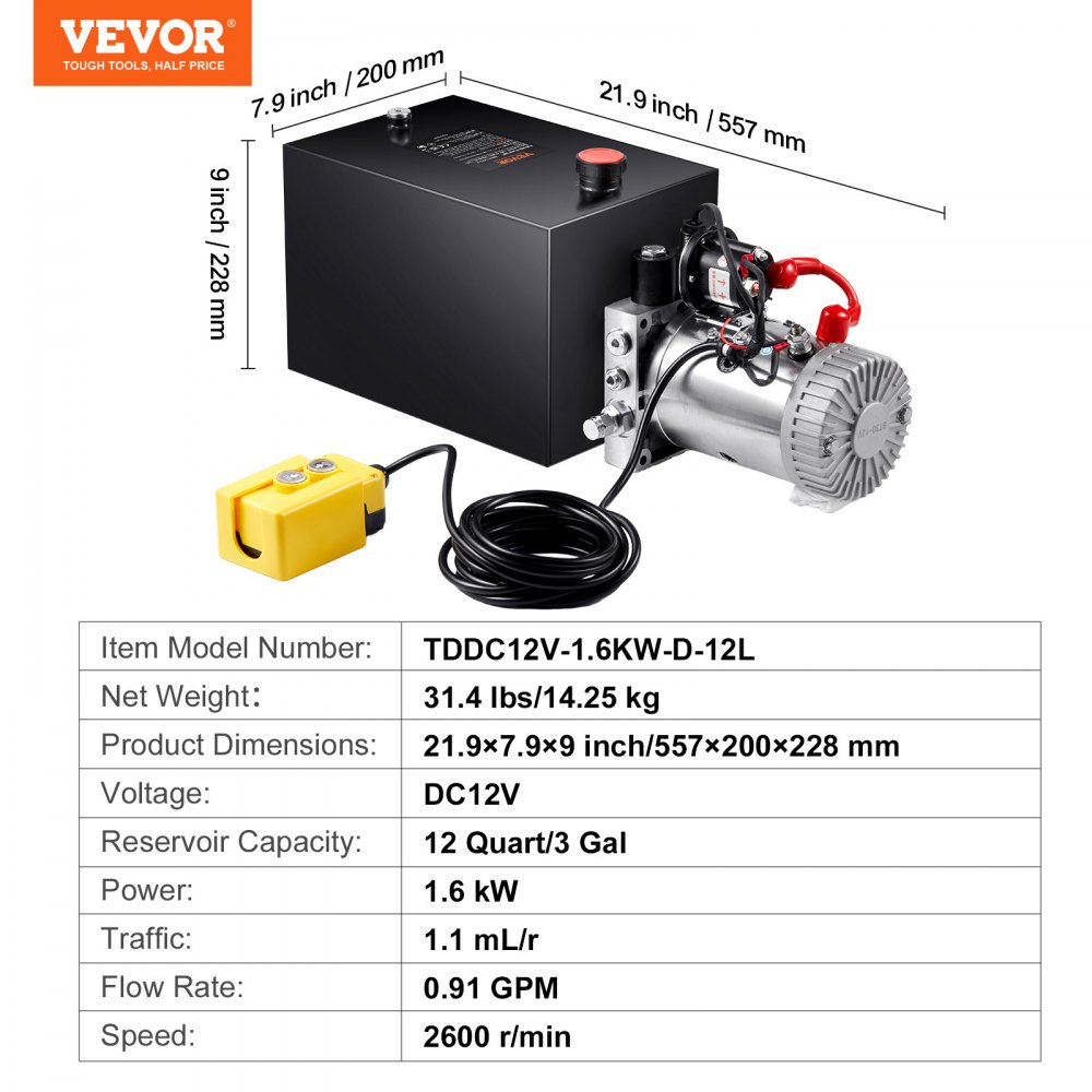 VEVOR Pompa hydrauliczna Agregat hydrauliczny 12 V Agregat hydrauliczny 1600 W, pompa hydrauliczna jednostronnego działania, agregat hydrauliczny z pompą ręczną o pojemności 3 galonów, do wind, wózków widłowych itp.