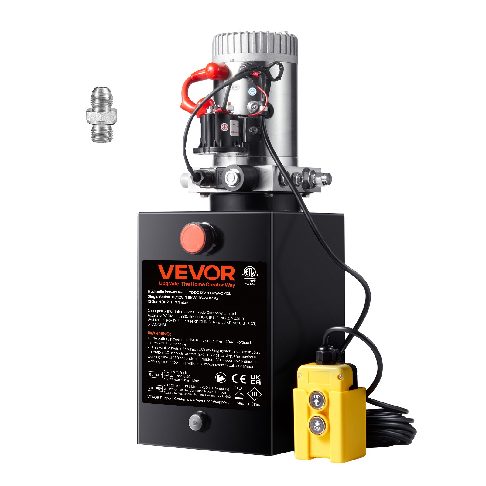 VEVOR Pompa hydrauliczna Agregat hydrauliczny 12 V Agregat hydrauliczny 1600 W, pompa hydrauliczna jednostronnego działania, agregat hydrauliczny z pompą ręczną o pojemności 3 galonów, do wind, wózków widłowych itp.
