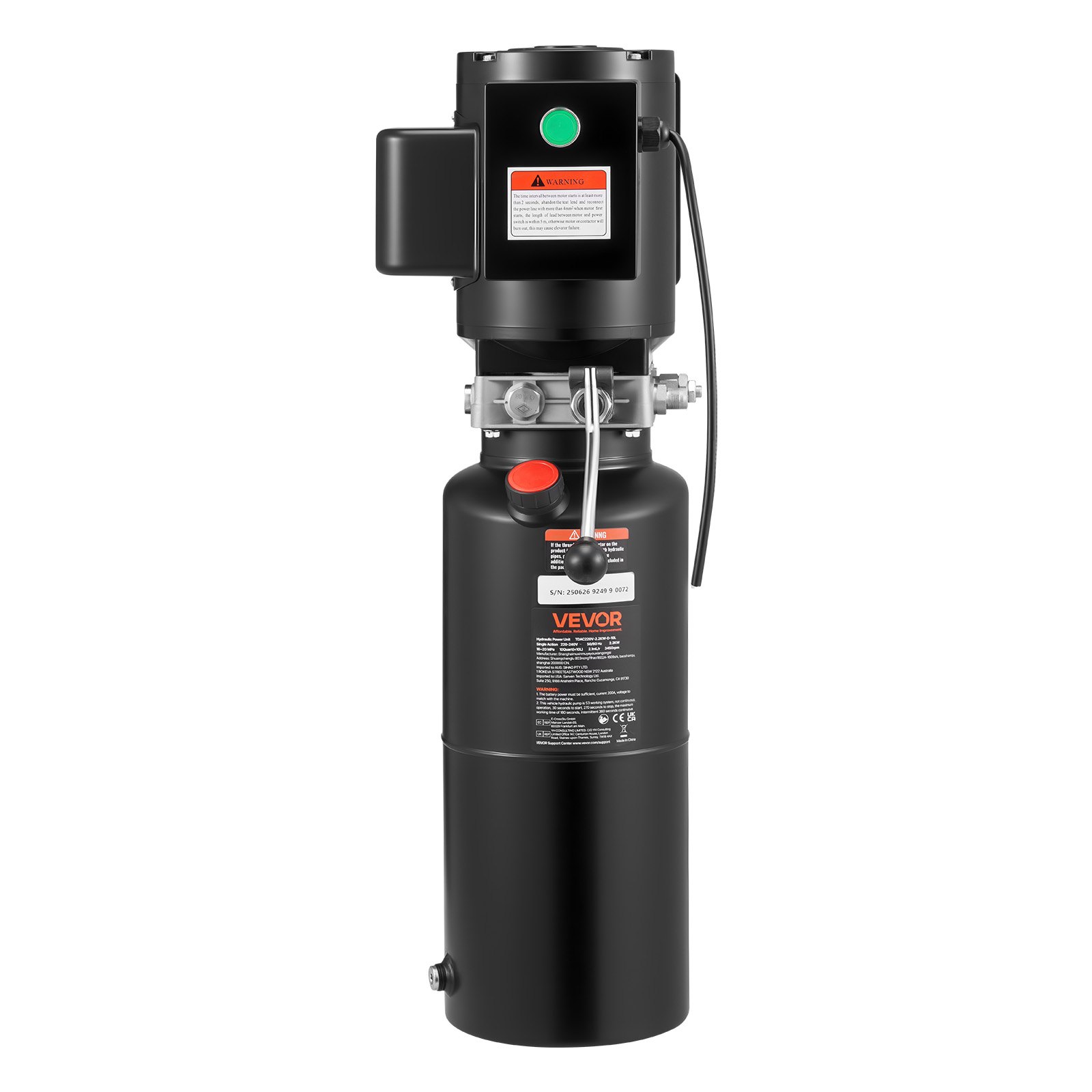 Pompa hydrauliczna VEVOR, jednostka hydrauliczna AC 220 V, 10 qt, jednostronnego działania, przepływ oleju 6,3 l/min, maks. ciśnienie tłoczenia 22 MPa do wywrotek, warsztatów samochodowych i podnośników samochodowych, kolor czarny