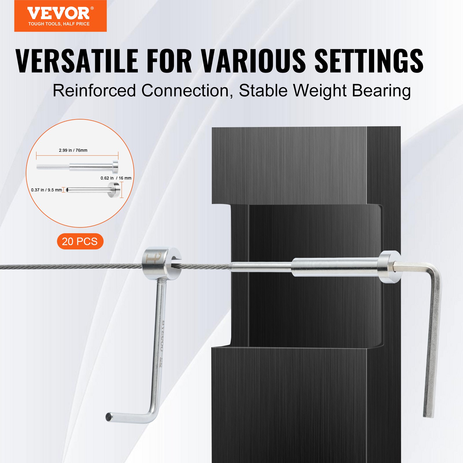 VEVOR 20-pack invisible cable railing set T316 stainless steel 1/8" invisible mounting and countersunk bolt end for cable railings, countersunk clamp 1/8" for wood/metal posts, cable railing hardware, silver