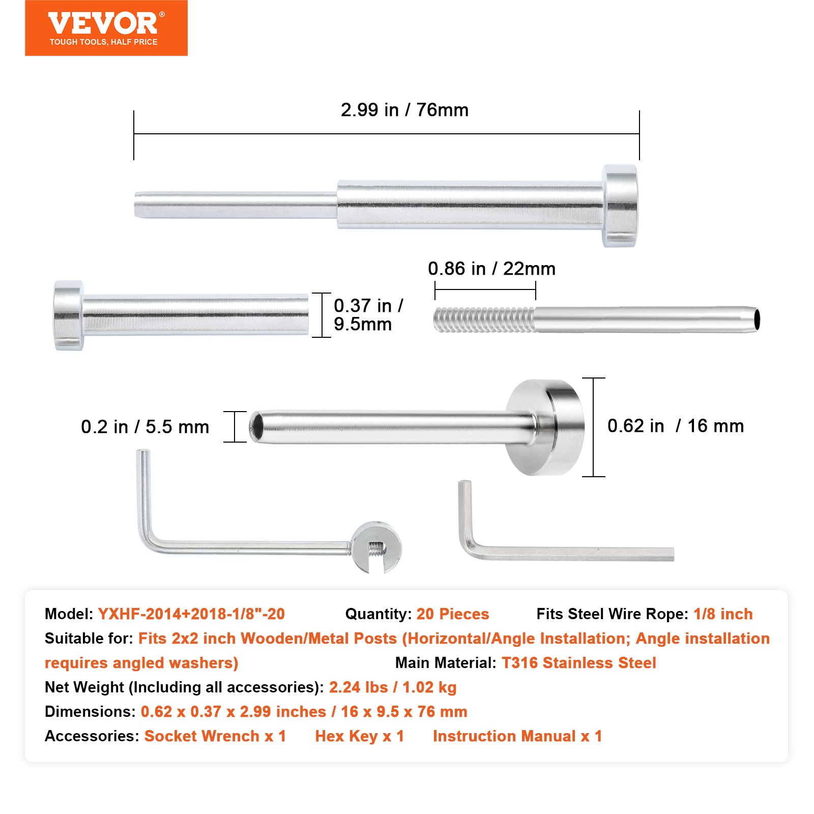 VEVOR 20-pack invisible cable railing set T316 stainless steel 1/8" invisible mounting and countersunk bolt end for cable railings, countersunk clamp 1/8" for wood/metal posts, cable railing hardware, silver