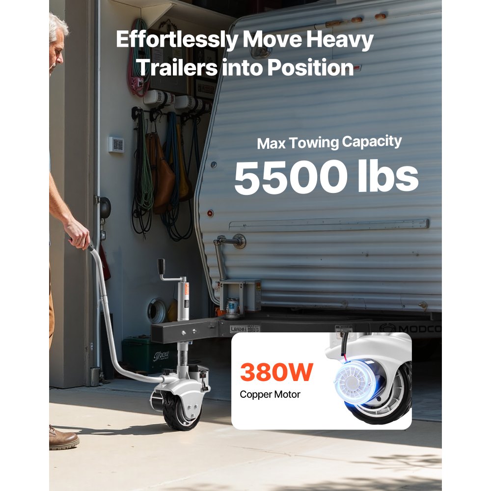 VEVOR Elektryczny pomocnik manewrowy, uciąg 2,5 tony, koło podporowe z napędem silnikowym 380 W, 12 V, prędkość 7 m/min, regulowana wysokość mocowania i opony gumowe, do ruchomych przyczep kempingowych i łodzi