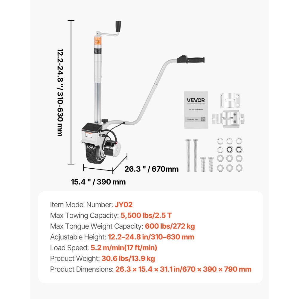 VEVOR Elektryczny pomocnik manewrowy, uciąg 2,5 tony, koło podporowe z napędem silnikowym 380 W, 12 V, prędkość 7 m/min, regulowana wysokość mocowania i opony gumowe, do ruchomych przyczep kempingowych i łodzi