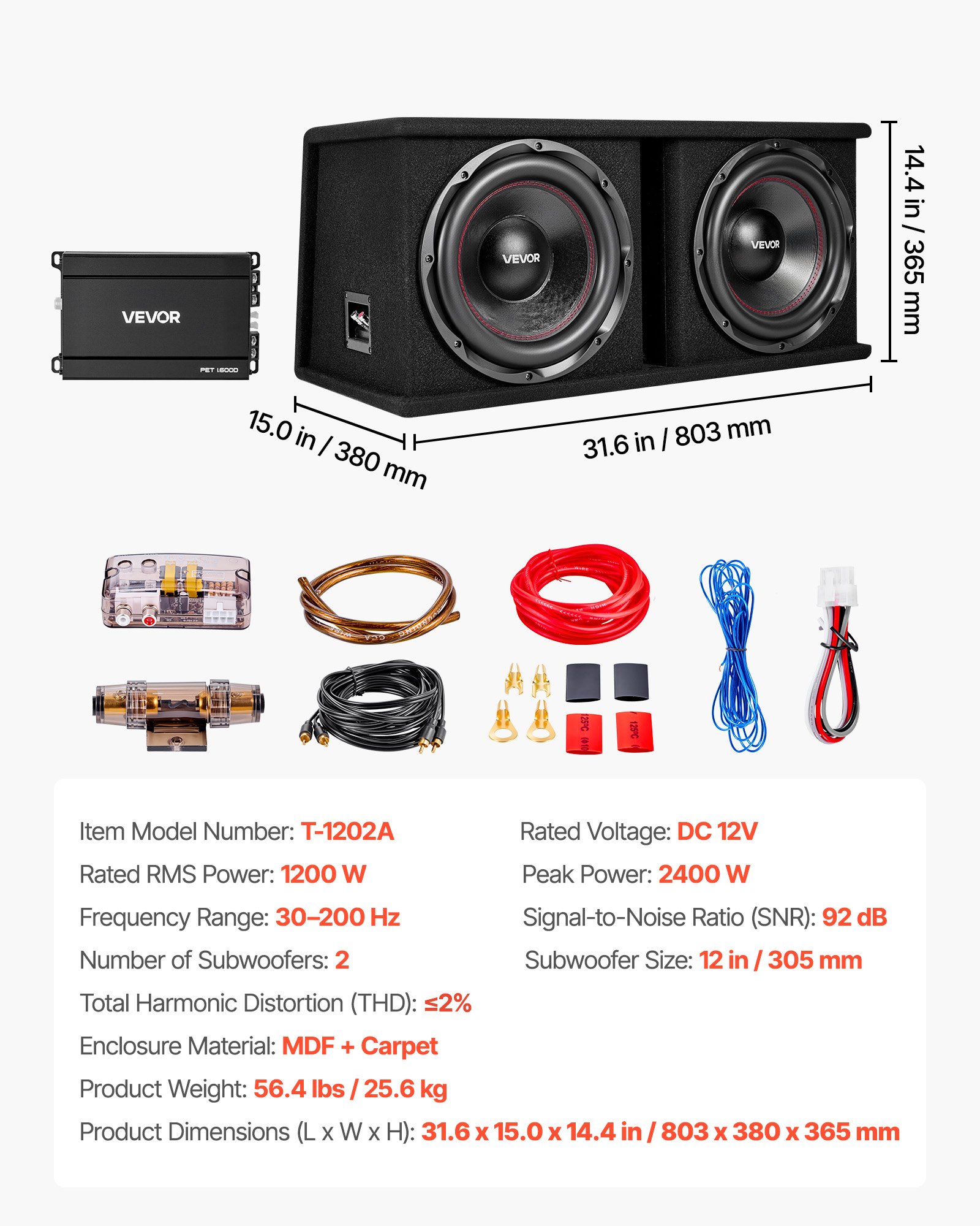 Zestaw subwoofera samochodowego VEVOR z obudową 305 mm, podwójny subwoofer i wzmacniacz o mocy 1200 W RMS, z oddzielnym wzmacniaczem i zestawem okablowania, wydajny system audio do samochodu