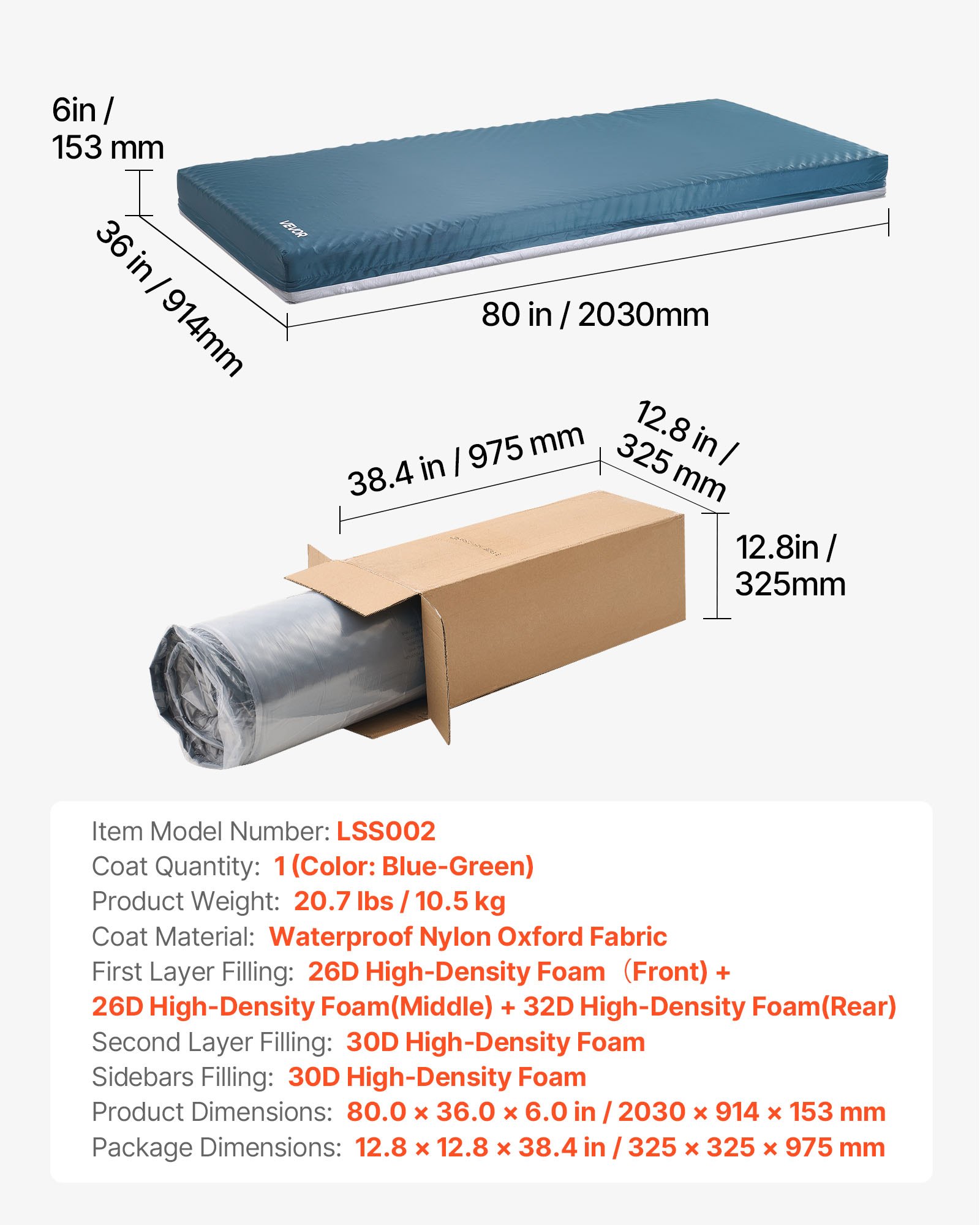 VEVOR Hospital Bed Mattress, 159 kg Load, Long Term Care Pressure Redistribution Medical-Grade Dual Layer Foam Mattress, Waterproof for Bedsore Treatment Nursing Homes & Home Care, 914 x 2030 x 153 mm