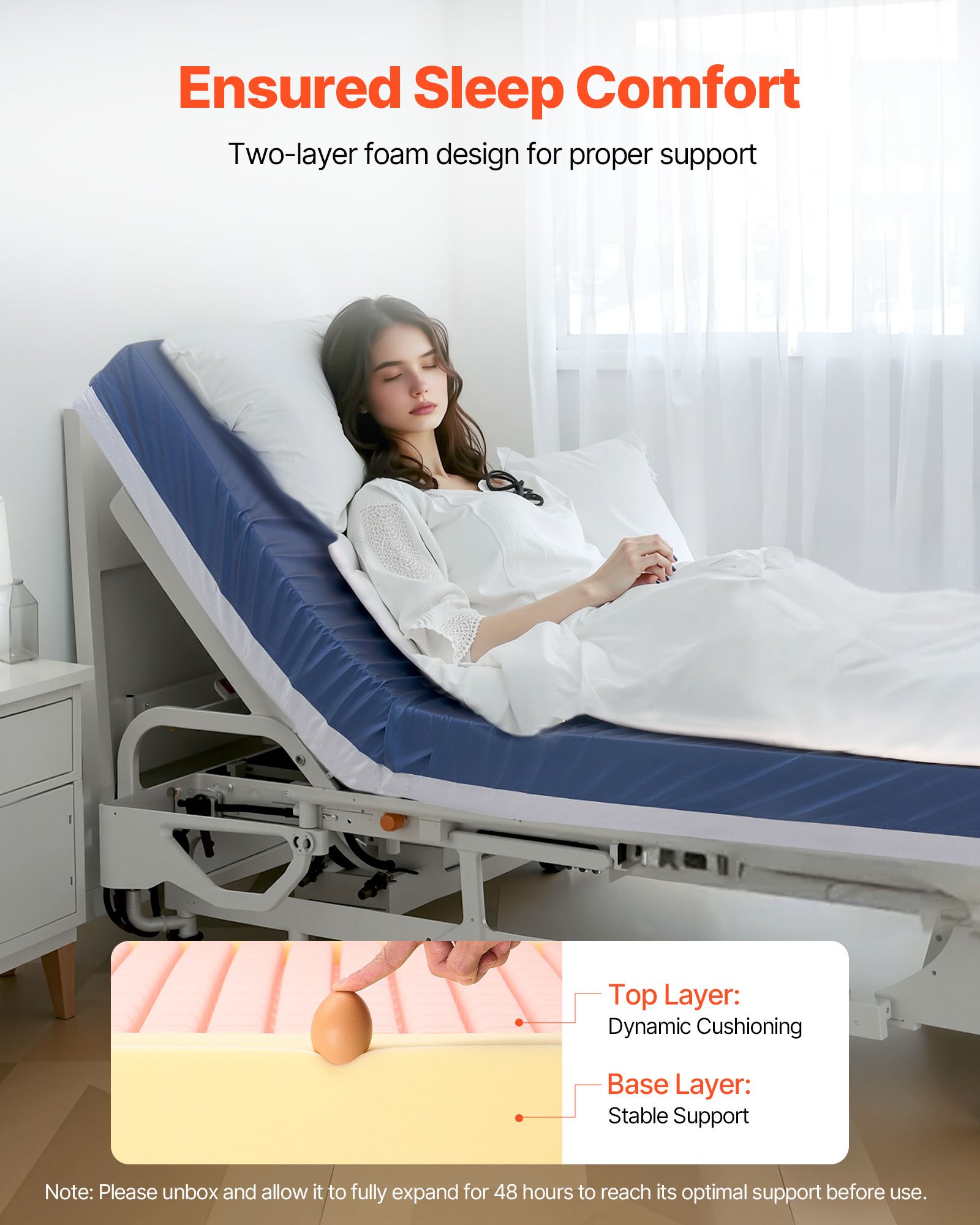 VEVOR Hospital Bed Mattress, 227 kg Load, Long Term Care Pressure Redistribution Medical-Grade Dual Layer Foam Mattress, Waterproof for Bedsore Treatment Nursing Homes & Home Care, 914 x 2030 x 153 mm