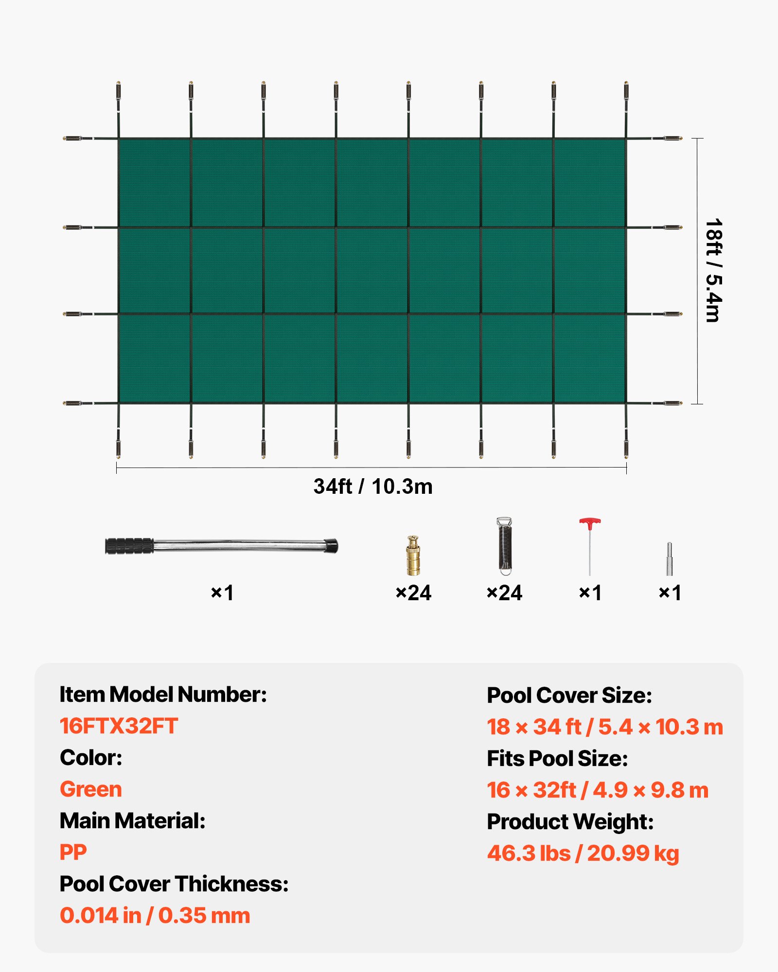 VEVOR Prostokątna pokrywa na basen 4,87 x 9,75 m Zielona zimowa do użytku zewnętrznego, odpowiednia do wszystkich rodzajów basenów, takich jak baseny domowe, ogrodowe, hotelowe i inżynieryjne, aby lepiej chronić Twój basen.