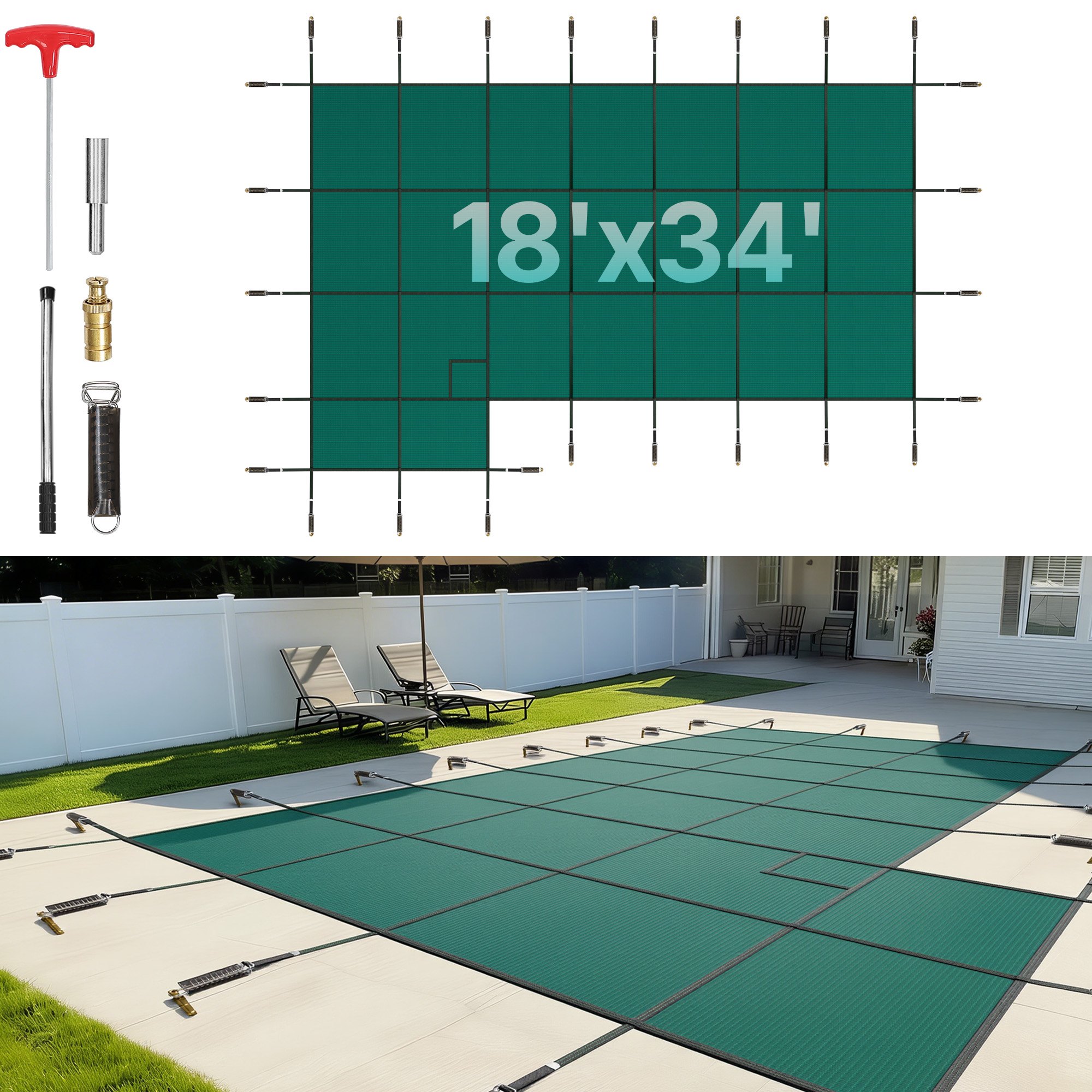 VEVOR Pool Cover, Suitable for In-Ground Pools (4.9 x 9.8 m), Winter Cover with Left Step, Triple Stitched, PP Mesh Fabric, Water Permeable, incl. Mounting Material