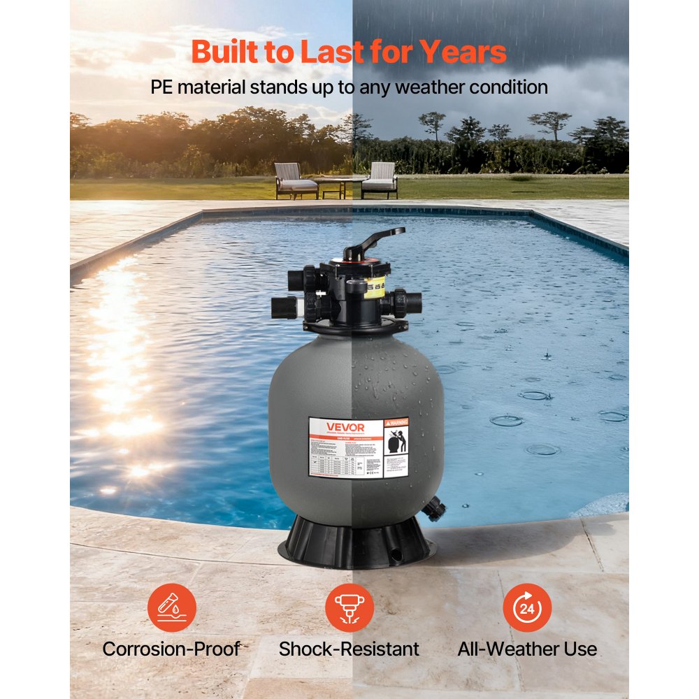 VEVOR Sand Filter, 457.2 mm, 151.4 LPM Above Inground Swimming Pool Sand Filter System, with 7-Way Multi-Port Valve, Backwash, Rinse, Recirculate, Waste, Winter, Closed Modes, for Above In Ground Pool