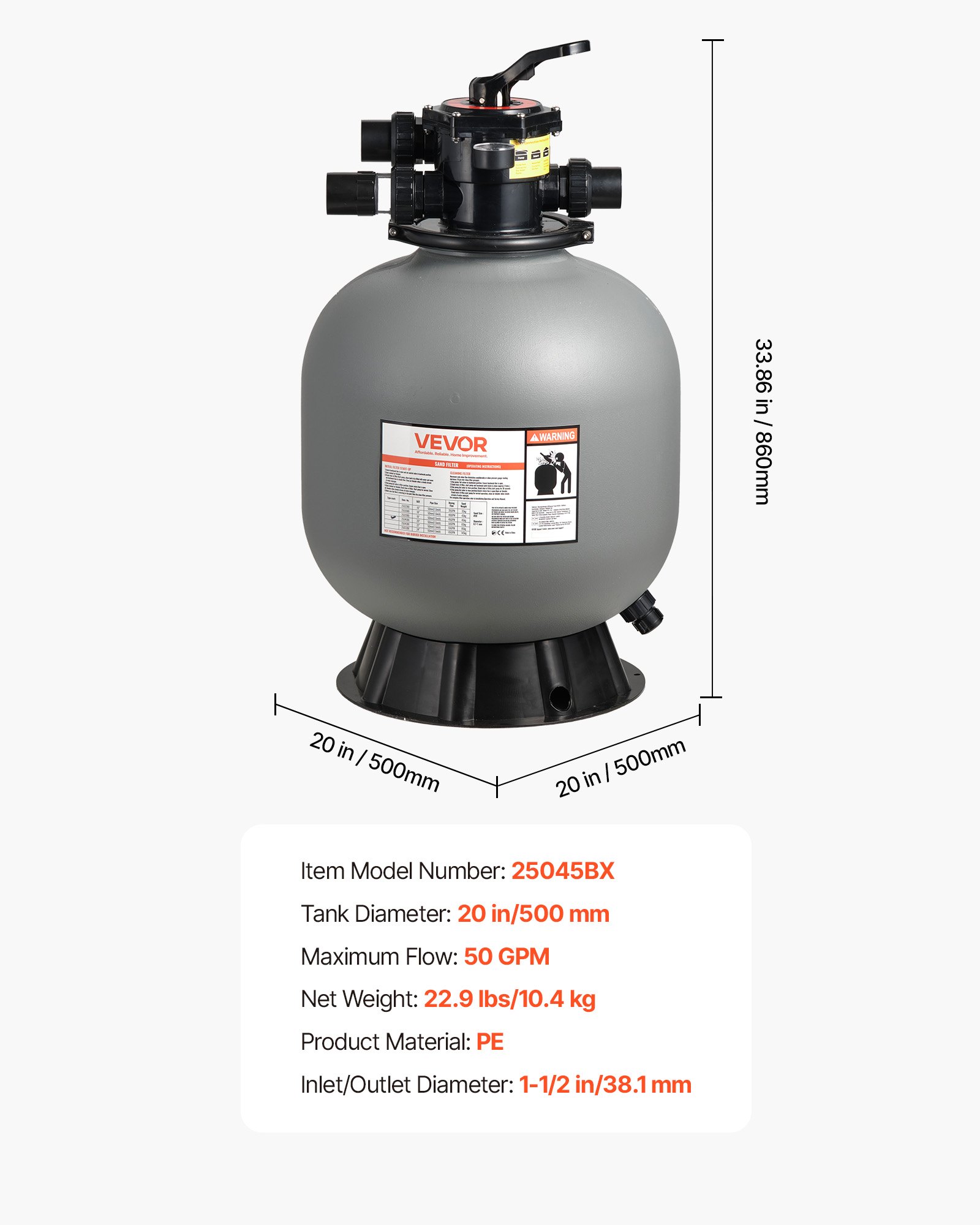 Filtr piaskowy VEVOR, zbiornik filtra 500 mm, system filtra piaskowego 189,3 l/min, zbiornik filtra z 7-drożnym zaworem wieloportowym, płukanie wsteczne, płukanie, recyrkulacja, ścieki, tryb zimowy i zamknięty, do basenów naziemnych