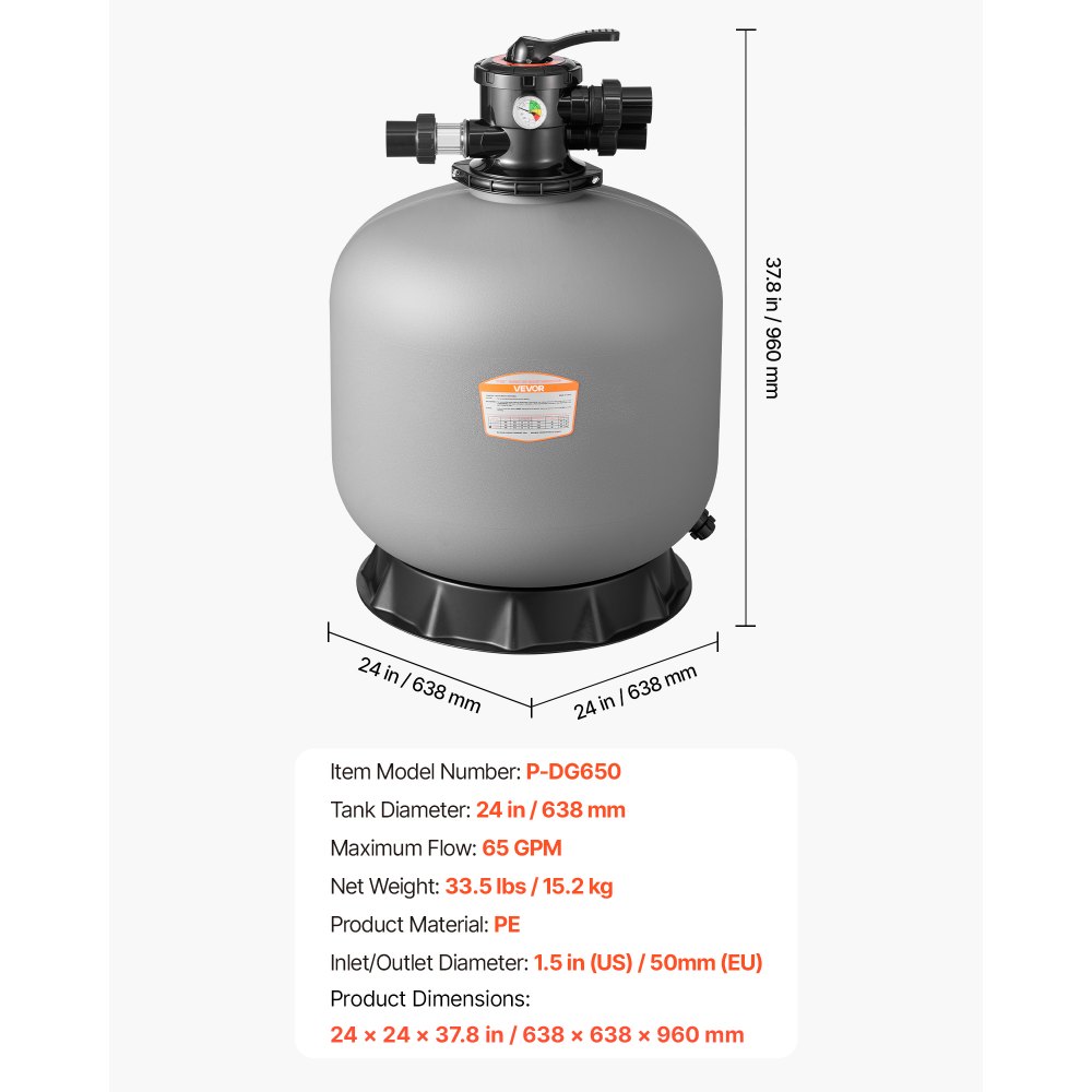 Filtr piaskowy VEVOR, zbiornik filtra 600 mm, system filtra piaskowego 246 l/min, zbiornik filtra z 7-drożnym zaworem wieloportowym, płukanie wsteczne, płukanie, recyrkulacja, ścieki, tryb zimowy i zamknięty, do basenów naziemnych