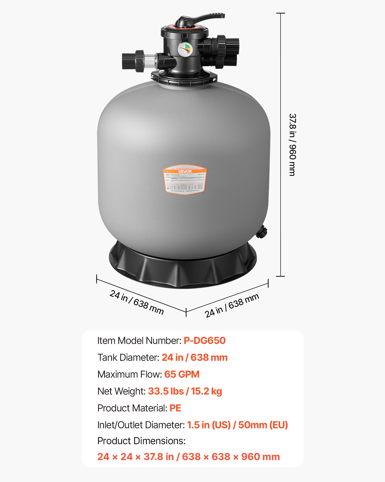 Filtr piaskowy VEVOR, zbiornik filtra 600 mm, system filtra piaskowego 246 l/min, zbiornik filtra z 7-drożnym zaworem wieloportowym, płukanie wsteczne, płukanie, recyrkulacja, ścieki, tryb zimowy i zamknięty, do basenów naziemnych
