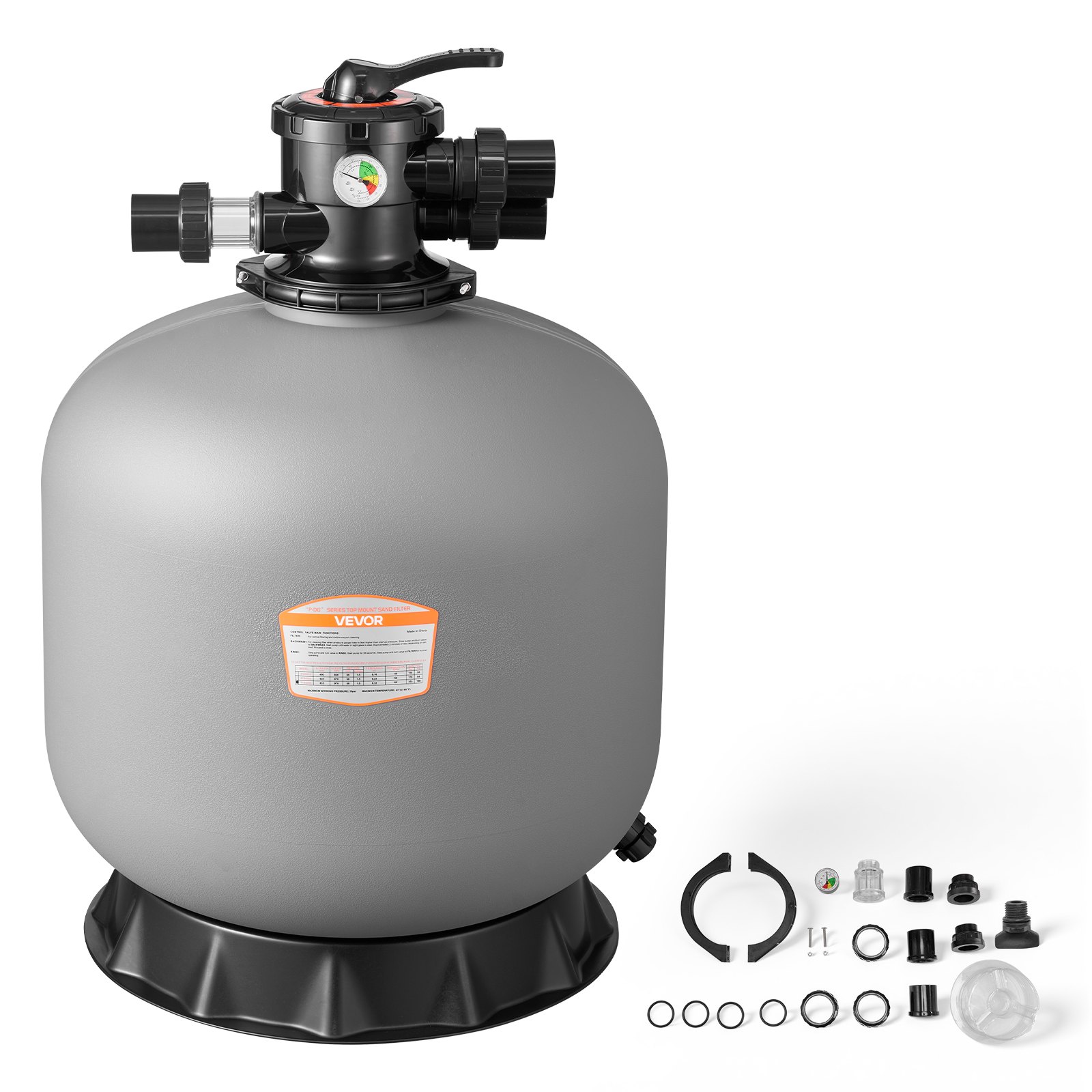 Filtr piaskowy VEVOR, zbiornik filtra 600 mm, system filtra piaskowego 246 l/min, zbiornik filtra z 7-drożnym zaworem wieloportowym, płukanie wsteczne, płukanie, recyrkulacja, ścieki, tryb zimowy i zamknięty, do basenów naziemnych