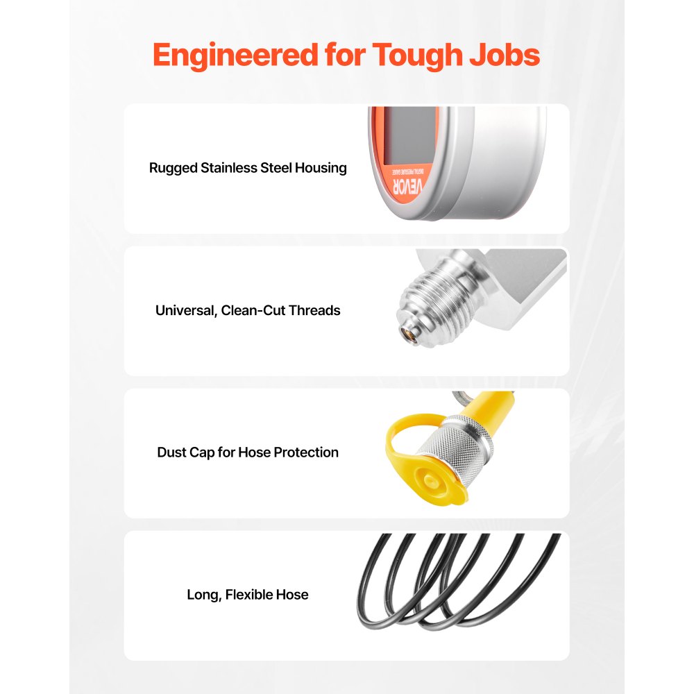 Zestaw złączy do cyfrowego testu ciśnienia hydraulicznego VEVOR, manometr testowy 10000 PSI z 1 manometrem, 1 złączem testowym, 1 szybkozłączką i 1 wężem do koparek budowlanych