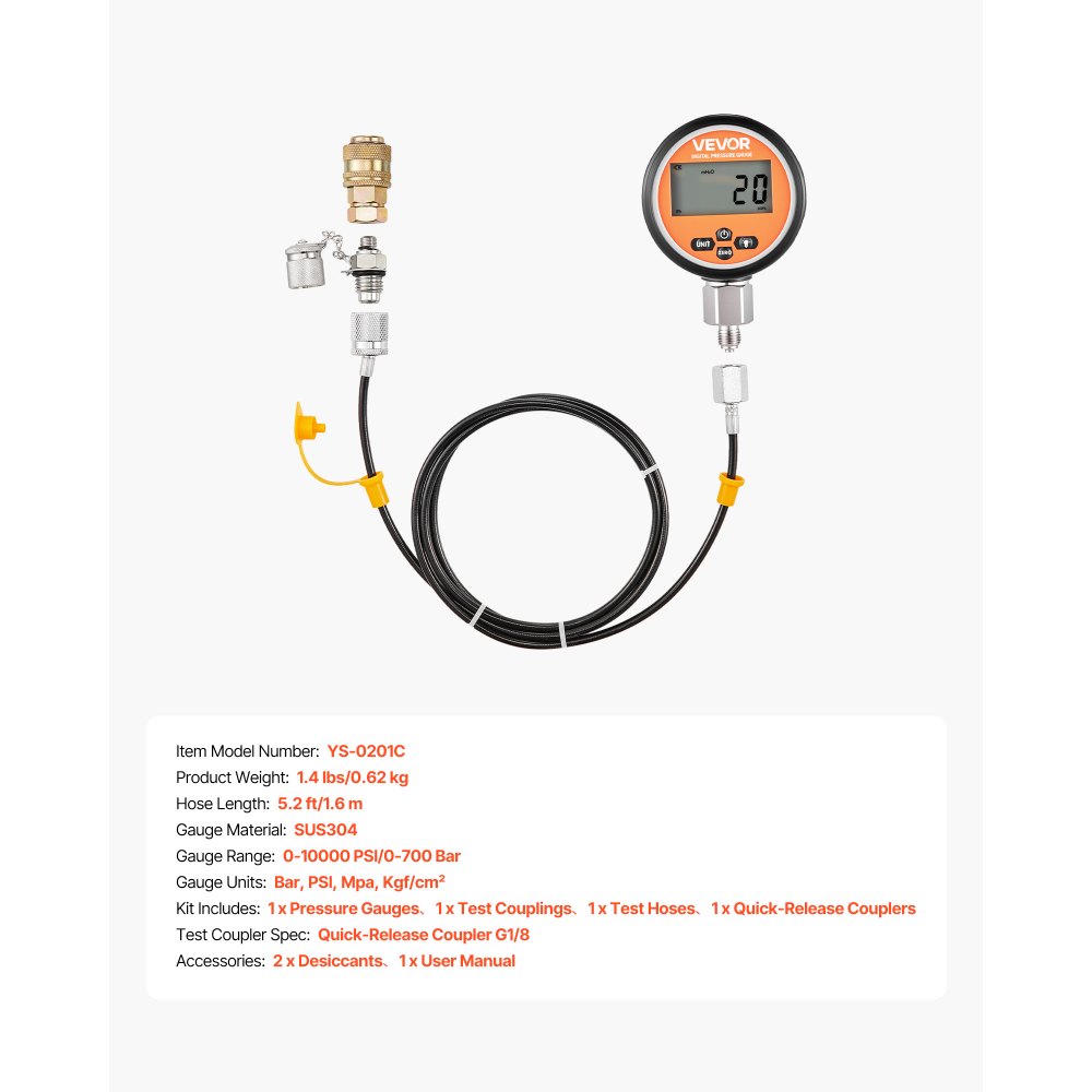 Zestaw złączy do cyfrowego testu ciśnienia hydraulicznego VEVOR, manometr testowy 10000 PSI z 1 manometrem, 1 złączem testowym, 1 szybkozłączką i 1 wężem do koparek budowlanych