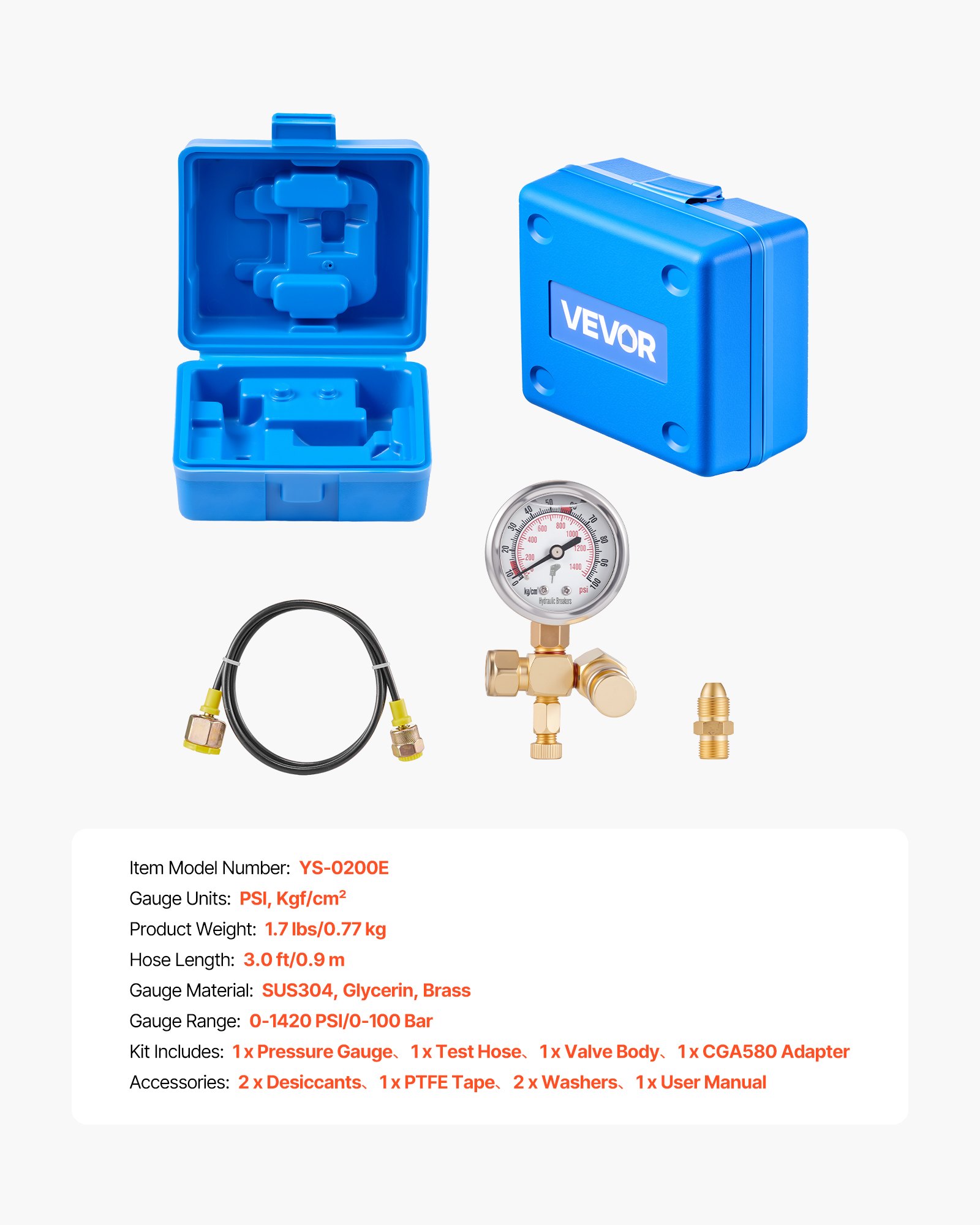 VEVOR Hydraulic Nitrogen Accumulator Charging Kit, 0-100 Bar Nitrogen Fill Kit, Pressure Test System with 1 Pressure Gauge, 1 Gas Hose, 1 Valve Body and 1 CGA580 Adapter for Construction Machinery