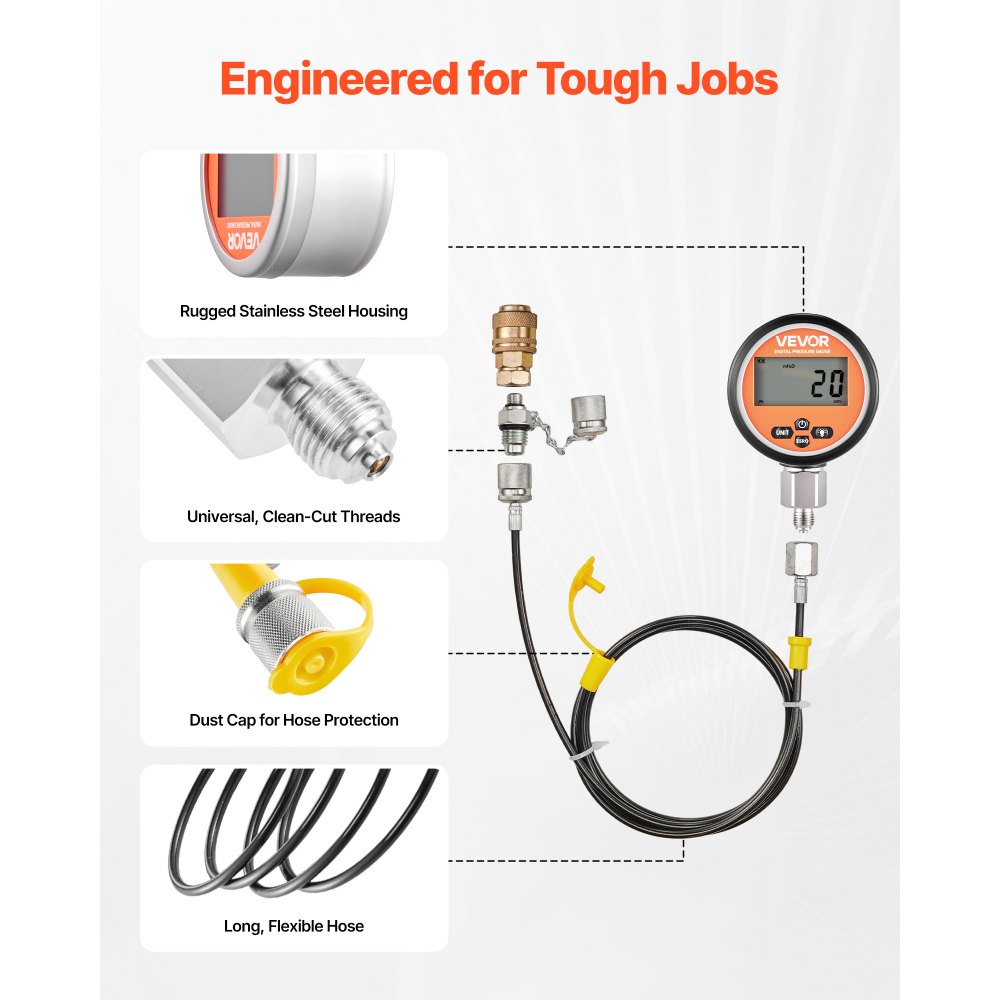Zestaw złączy do cyfrowego testu ciśnienia hydraulicznego VEVOR, manometr testowy 10000 PSI z 2 manometrami, 9 złączami testowymi, 2 szybkozłączkami i 2 wężami do koparek i maszyn budowlanych