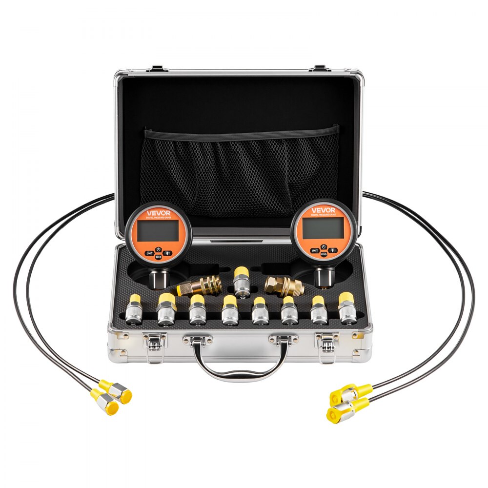 Zestaw złączy do cyfrowego testu ciśnienia hydraulicznego VEVOR, manometr testowy 10000 PSI z 2 manometrami, 9 złączami testowymi, 2 szybkozłączkami i 2 wężami do koparek i maszyn budowlanych