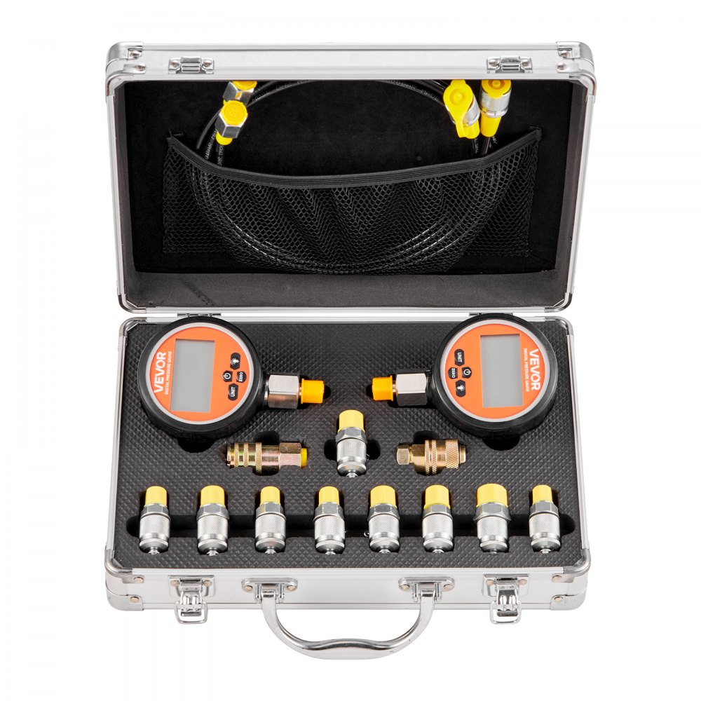 Zestaw złączy do cyfrowego testu ciśnienia hydraulicznego VEVOR, manometr testowy 10000 PSI z 2 manometrami, 9 złączami testowymi, 2 szybkozłączkami i 2 wężami do koparek i maszyn budowlanych