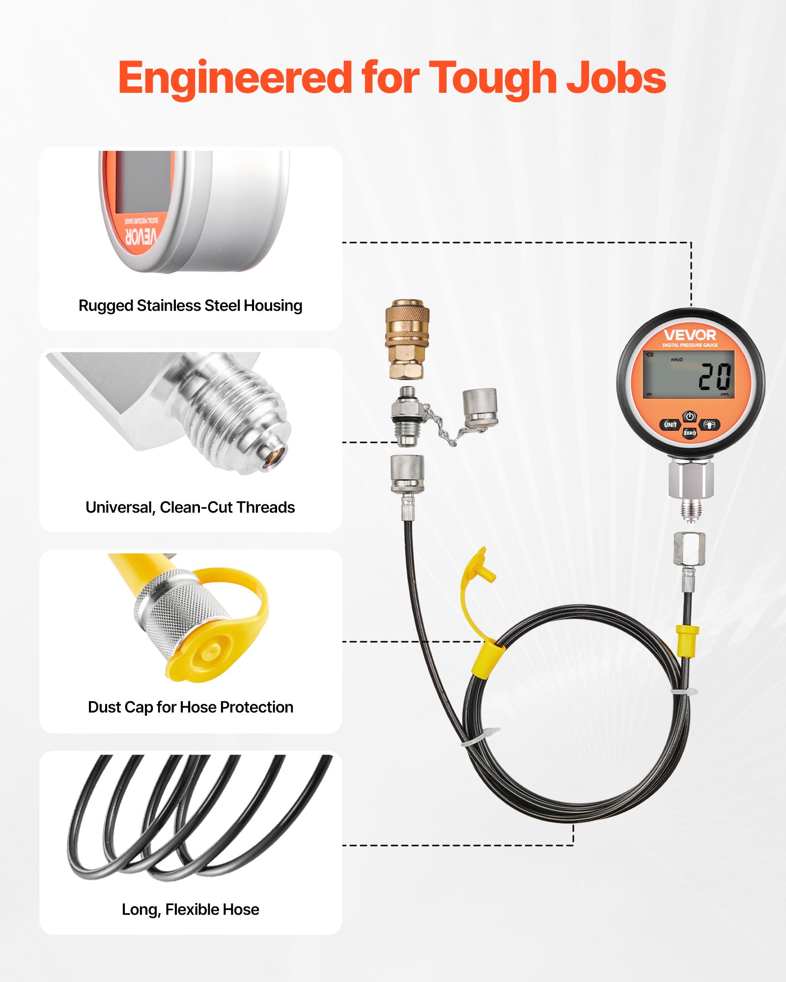 Zestaw złączy do cyfrowego testu ciśnienia hydraulicznego VEVOR, manometr testowy 10000 PSI z 2 manometrami, 9 złączami testowymi, 2 szybkozłączkami i 2 wężami do koparek i maszyn budowlanych