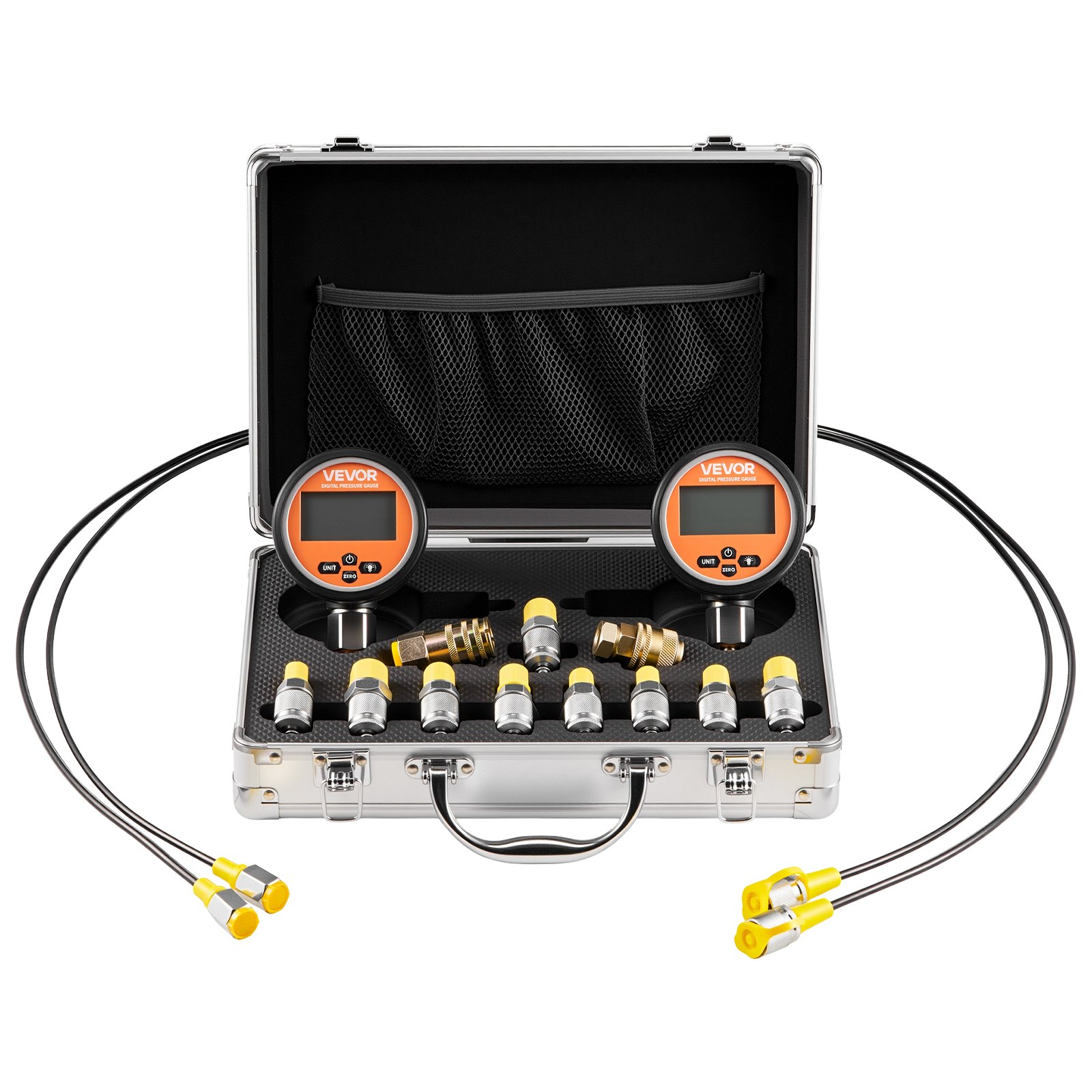 Zestaw złączy do cyfrowego testu ciśnienia hydraulicznego VEVOR, manometr testowy 10000 PSI z 2 manometrami, 9 złączami testowymi, 2 szybkozłączkami i 2 wężami do koparek i maszyn budowlanych