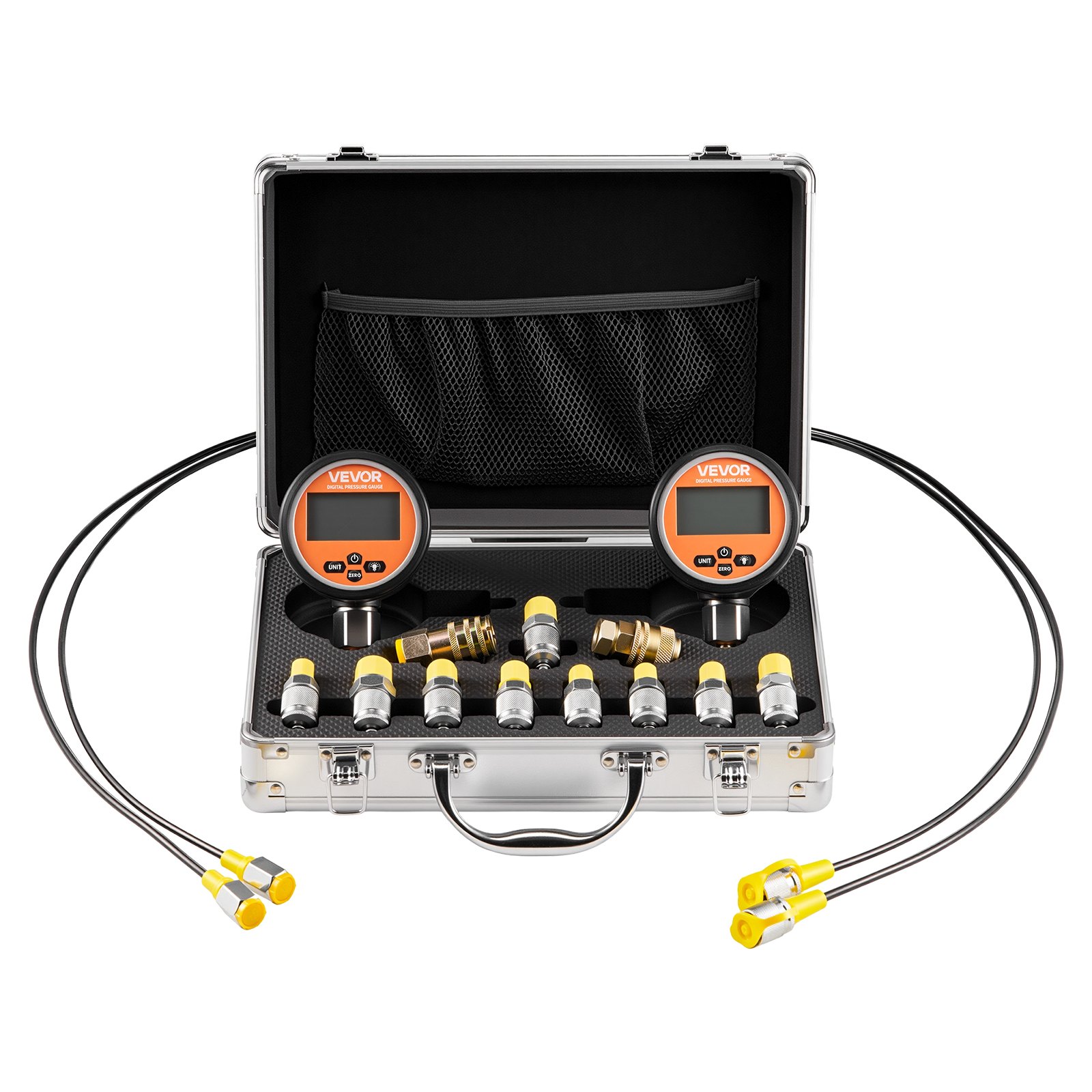 Zestaw złączy do cyfrowego testu ciśnienia hydraulicznego VEVOR, manometr testowy 10000 PSI z 2 manometrami, 9 złączami testowymi, 2 szybkozłączkami i 2 wężami do koparek i maszyn budowlanych