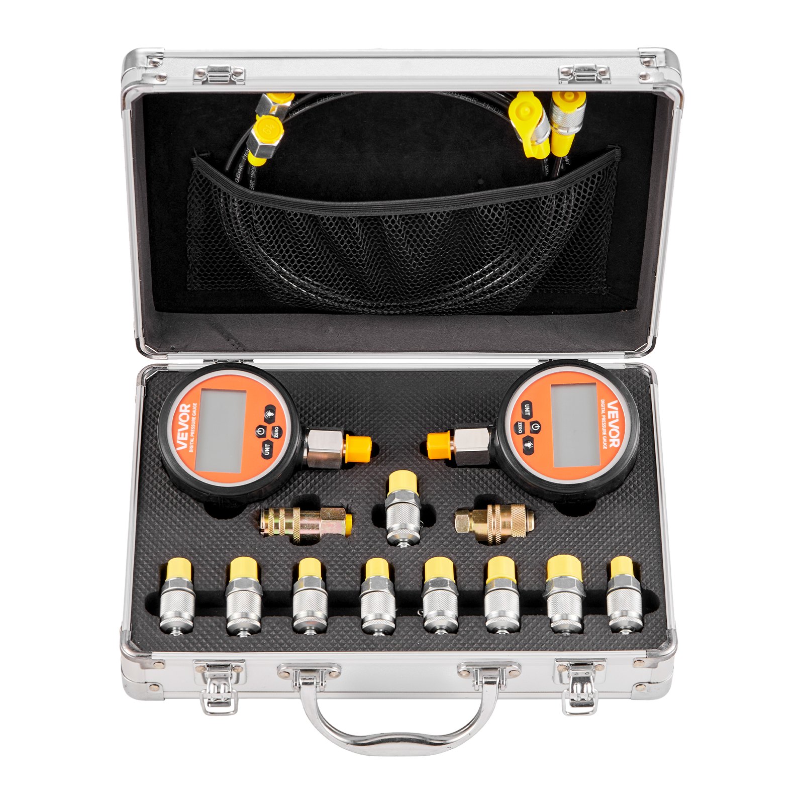 Zestaw złączy do cyfrowego testu ciśnienia hydraulicznego VEVOR, manometr testowy 10000 PSI z 2 manometrami, 9 złączami testowymi, 2 szybkozłączkami i 2 wężami do koparek i maszyn budowlanych