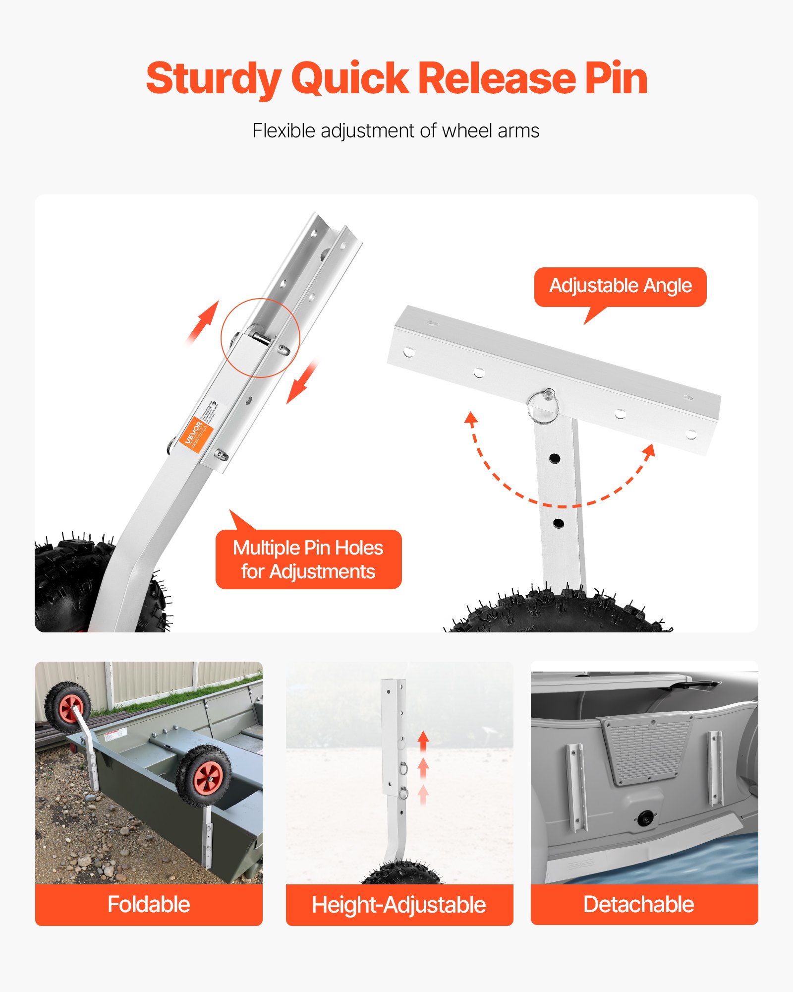 Koła do wodowania łodzi VEVOR (nośność 226,8 kg) Koło pawężowe ze stopu aluminium o średnicy 304,8 mm z pompowanymi oponami gumowymi, składane koła do wodowania z 4 szybkozłączkami do 4-metrowych pontonów rybackich