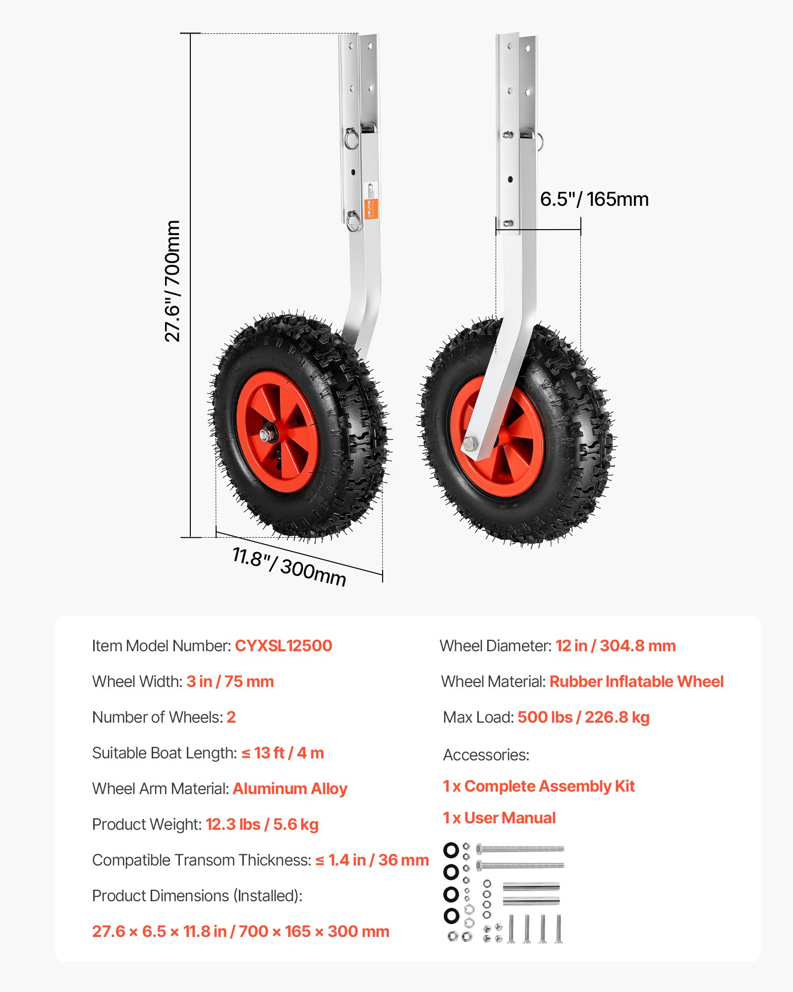 Koła do wodowania łodzi VEVOR (nośność 226,8 kg) Koło pawężowe ze stopu aluminium o średnicy 304,8 mm z pompowanymi oponami gumowymi, składane koła do wodowania z 4 szybkozłączkami do 4-metrowych pontonów rybackich