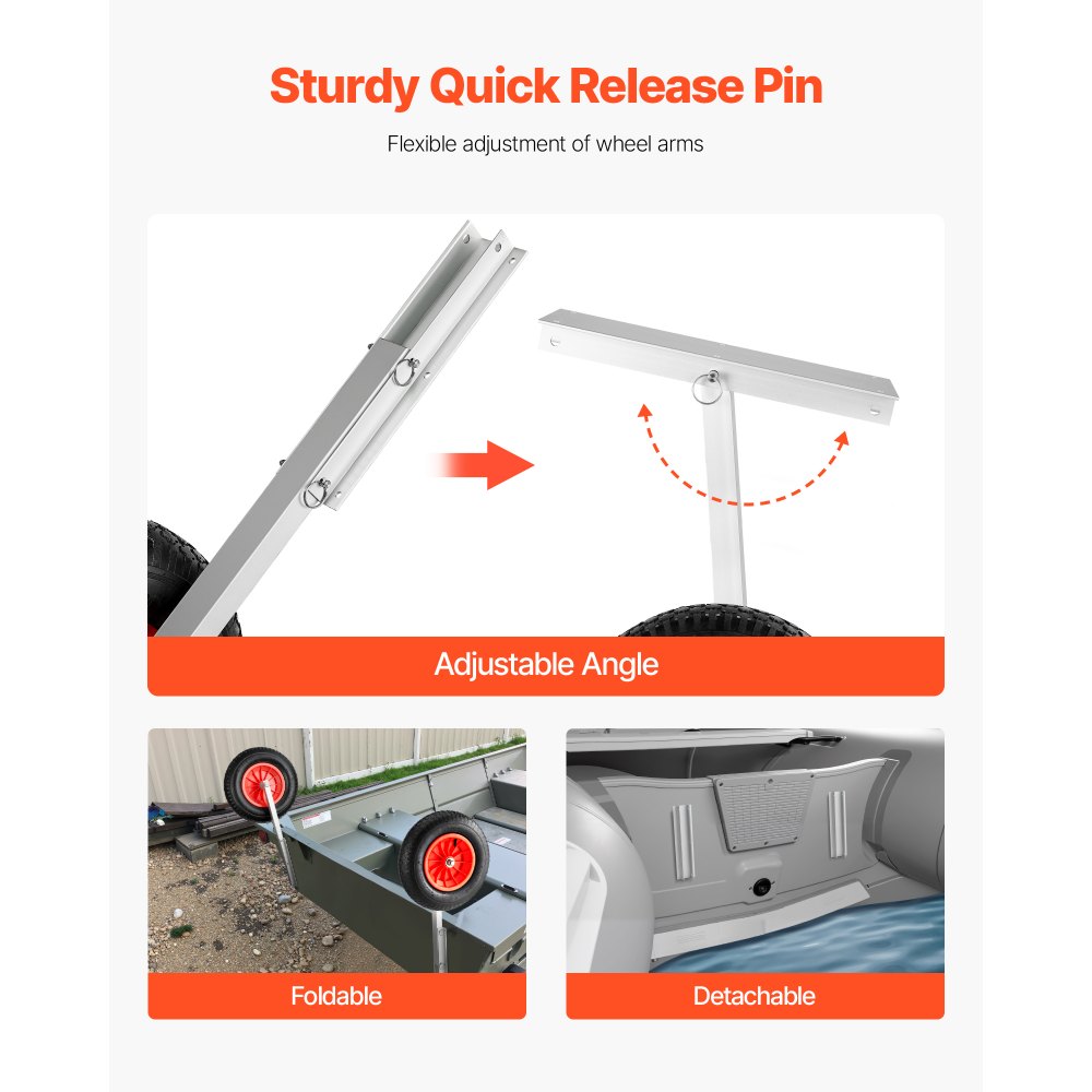 Koła do wodowania łodzi VEVOR (nośność 136,1 kg) Koło pawężowe ze stopu aluminium o średnicy 381 mm z nadmuchiwanymi oponami gumowymi, składane koła do wodowania z 4 szybkozłączkami do pontonów rybackich o długości 4,5 m
