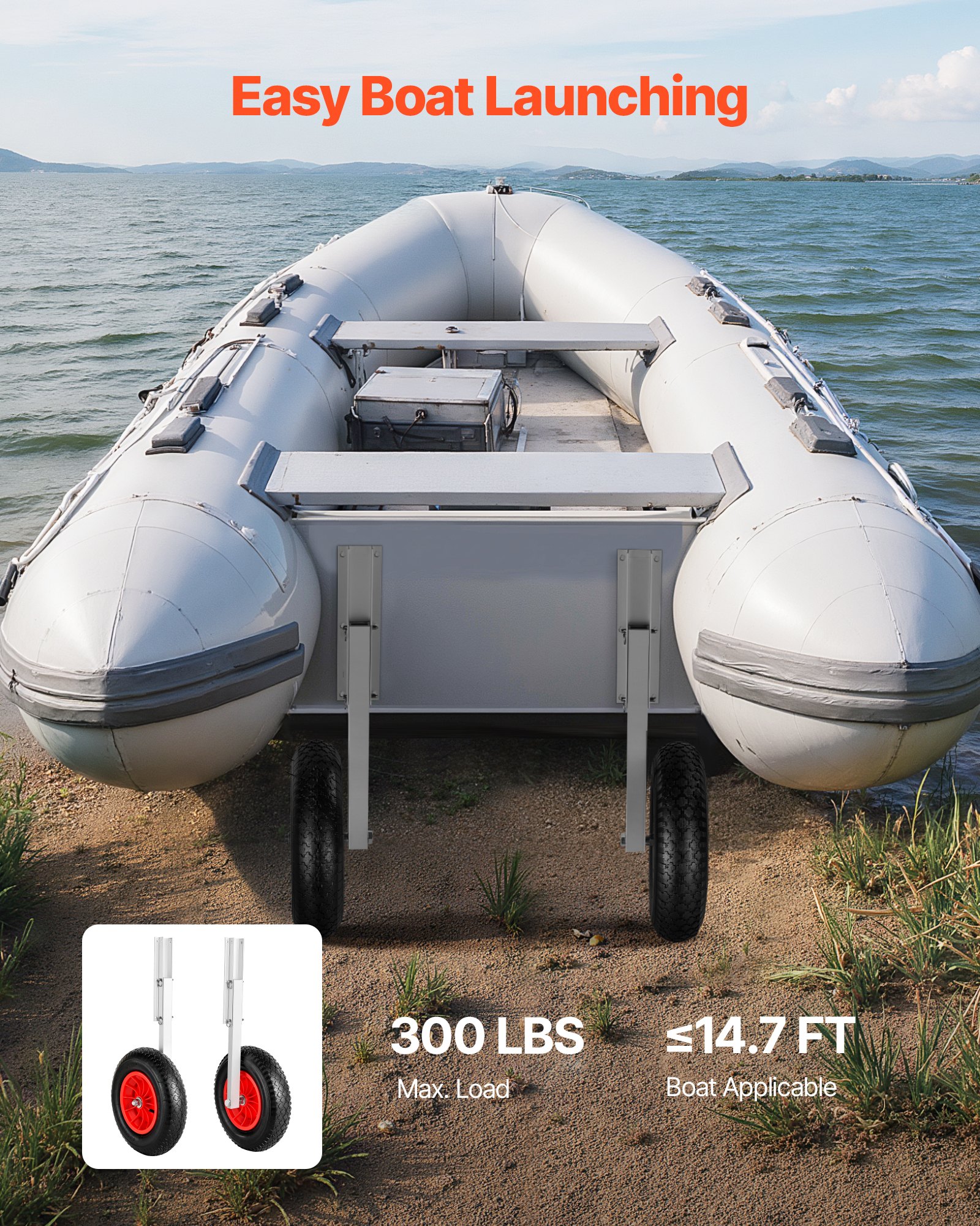 Koła do wodowania łodzi VEVOR (nośność 136,1 kg) Koło pawężowe ze stopu aluminium o średnicy 381 mm z nadmuchiwanymi oponami gumowymi, składane koła do wodowania z 4 szybkozłączkami do pontonów rybackich o długości 4,5 m