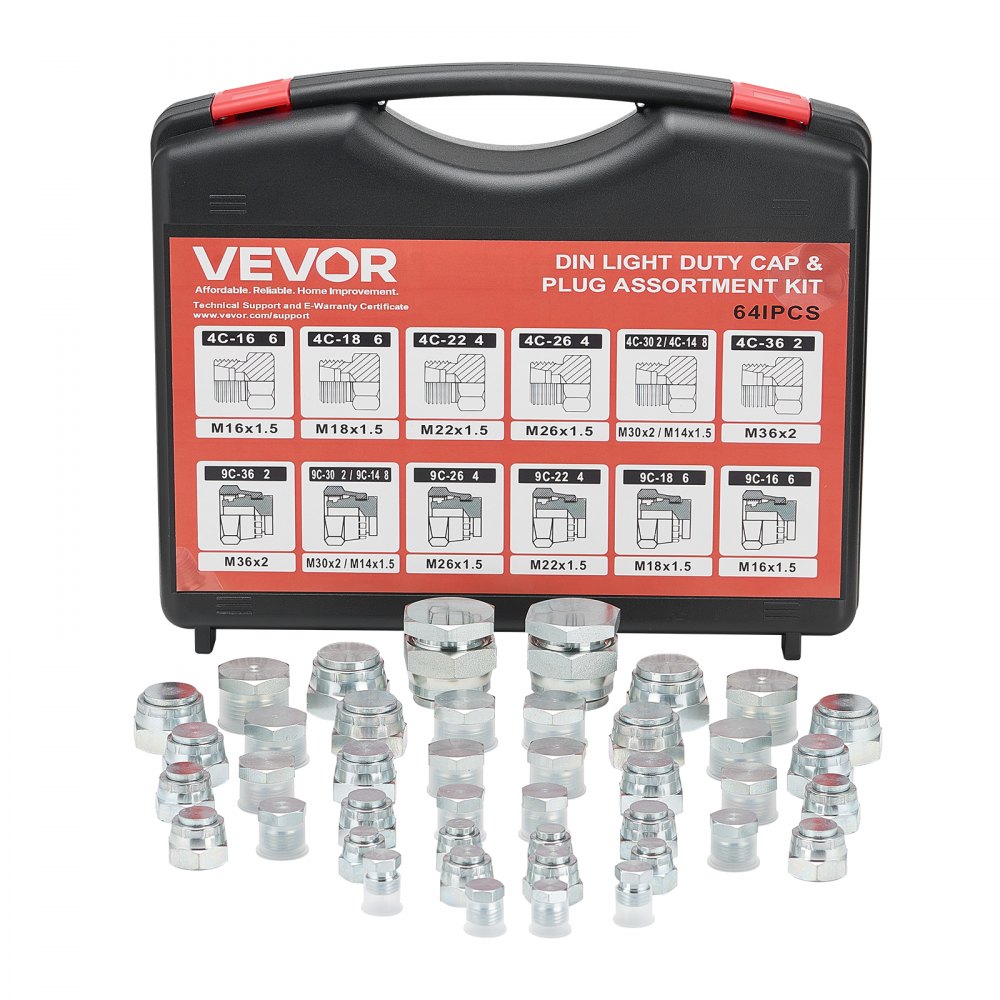 VEVOR 64-częściowy zestaw złączy hydraulicznych DIN, przemysłowe zaślepki i korki hydrauliczne, zestaw złączy do węży i ​​rur, zestaw zaślepek i korków z precyzyjnym gwintem, rozmiary do desek rozdzielczych: 14/16/18/22/26/30/36