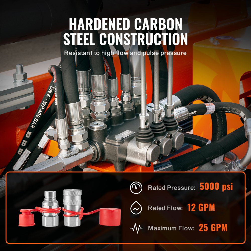 Szybkozłącza hydrauliczne płaskie VEVOR 1/2 cala, szybkozłącza hydrauliczne 3/4 cala SAE do ładowarek kołowych z 2 zaślepkami (ISO16028)
