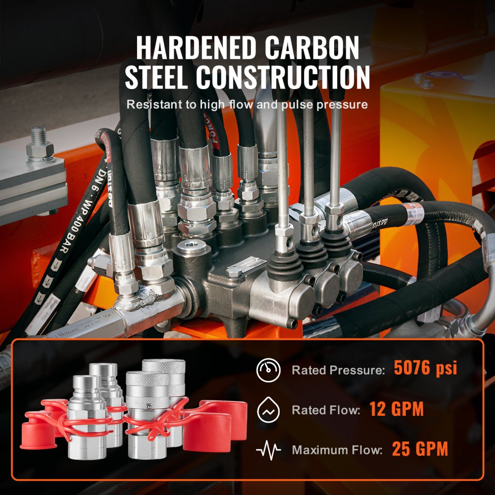Szybkozłącza hydrauliczne VEVOR 1/2 cala z płaską powierzchnią czołową, szybkozłącza hydrauliczne NPT 1/2 cala do ładowarek kołowych z 4 zaślepkami (ISO16028)