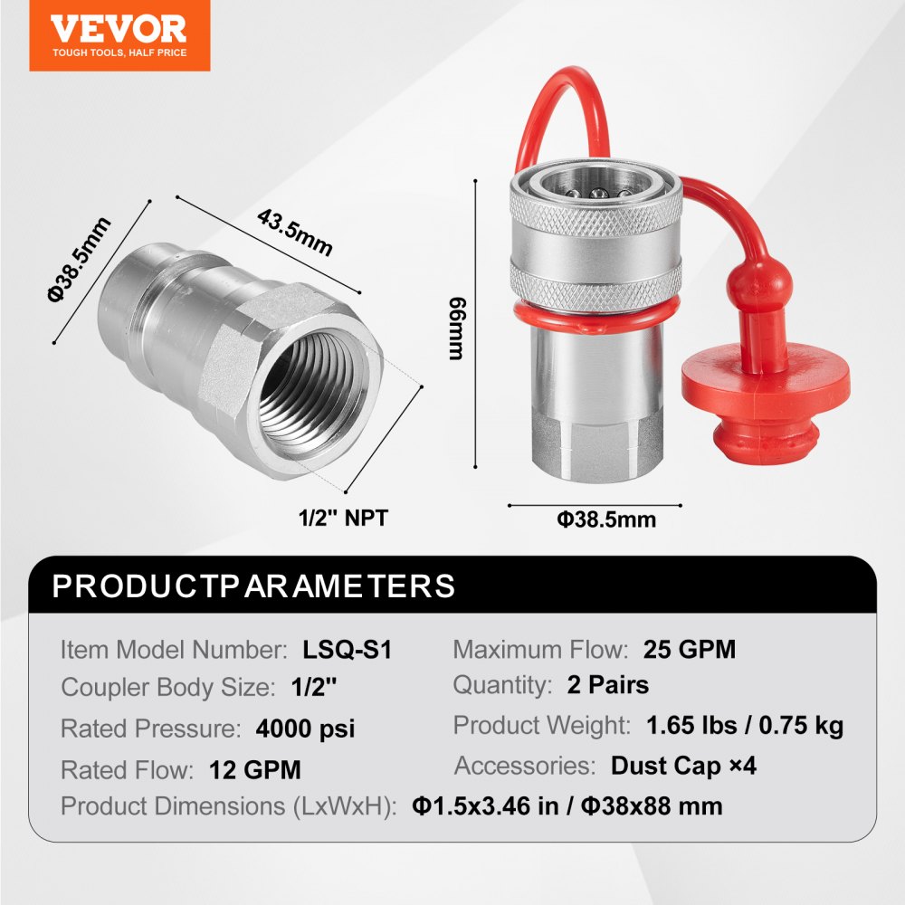 VEVOR 1/2 inch conical hydraulic couplings, 1/2 inch NPT hydraulic quick couplings for compact loaders with 4 dust caps (ISO5675)